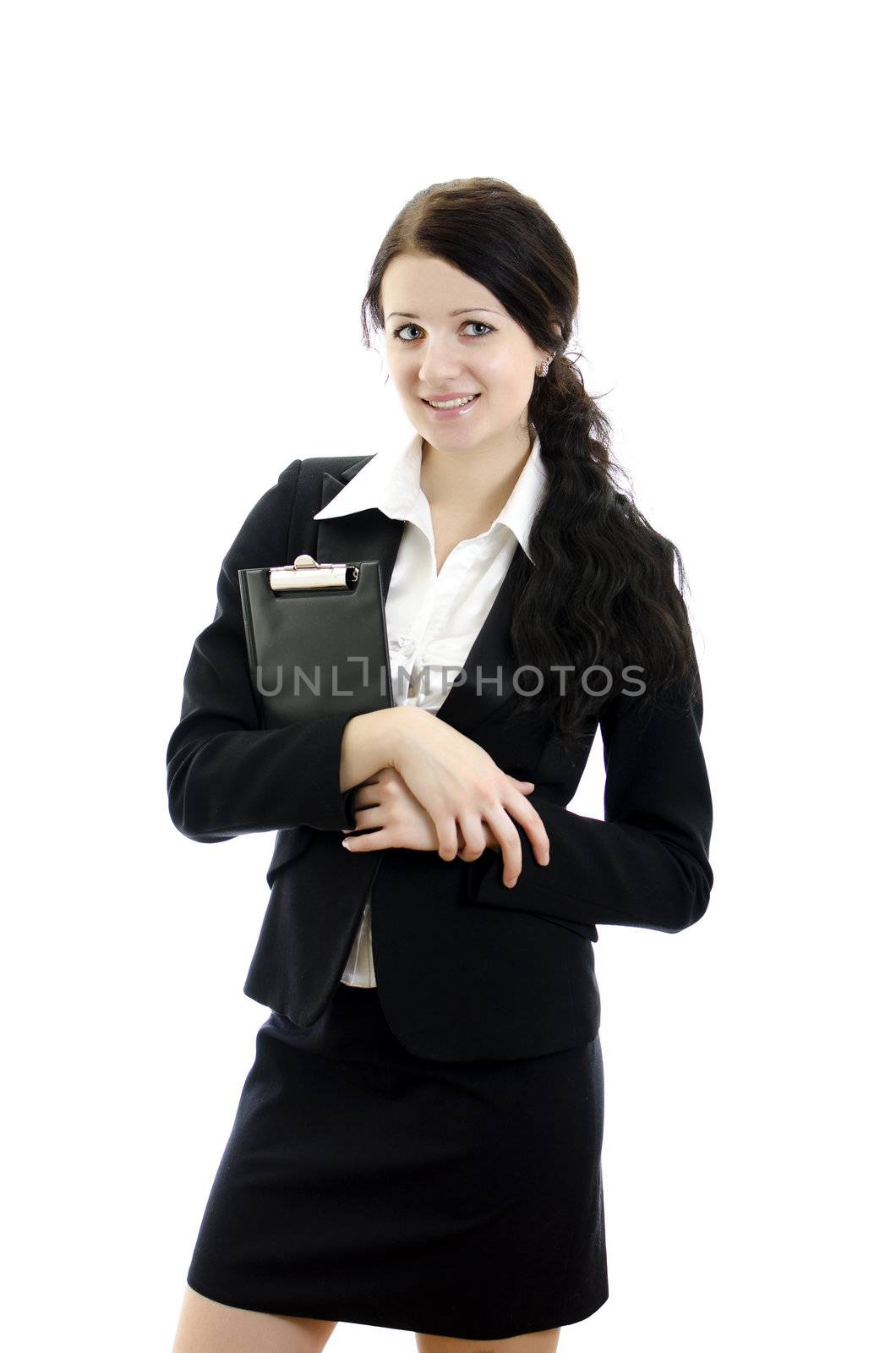 Portrait of a young attractive business woman with clipboard. Isolated on white.