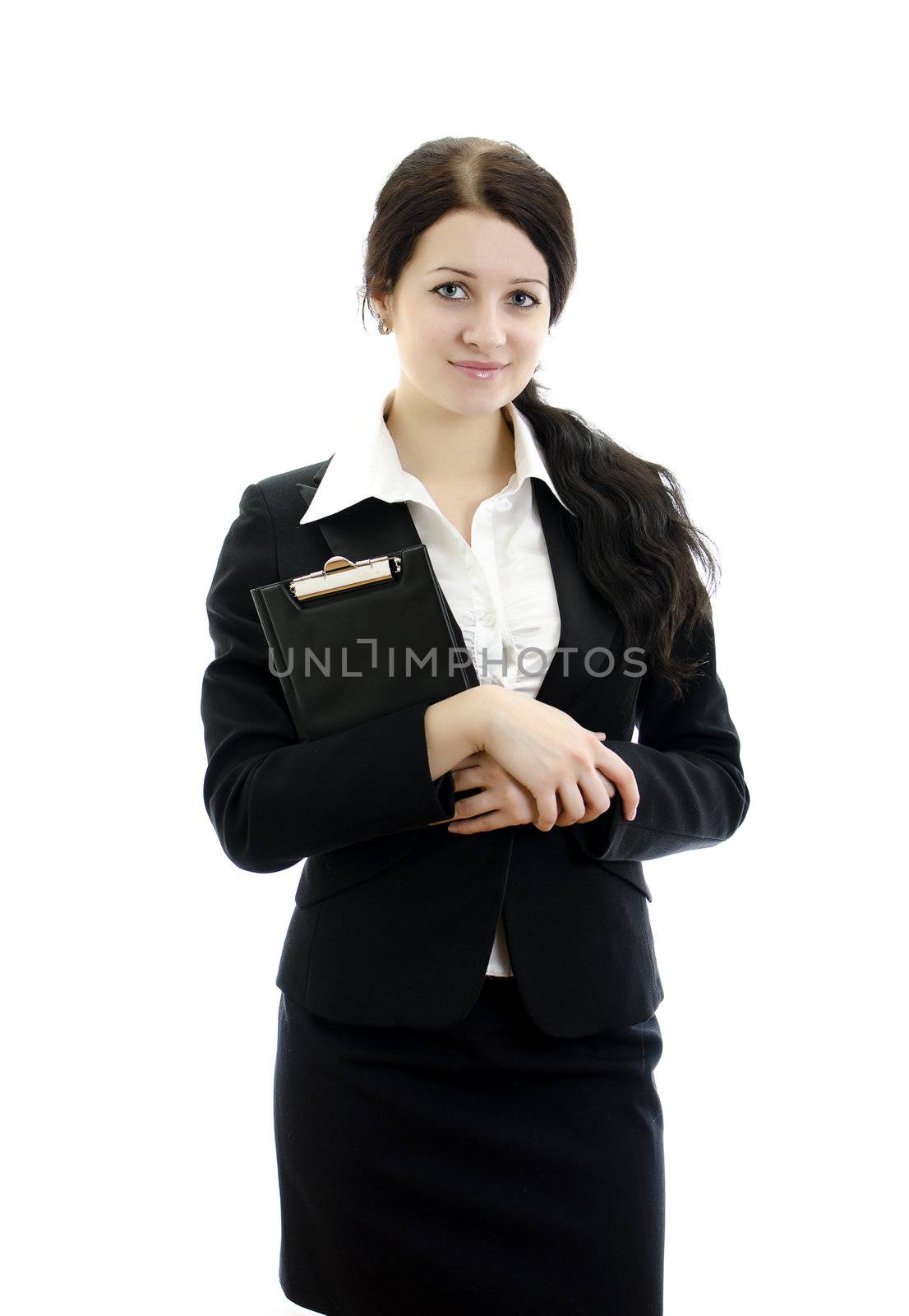 Portrait of a young attractive business woman with clipboard. Isolated on white.