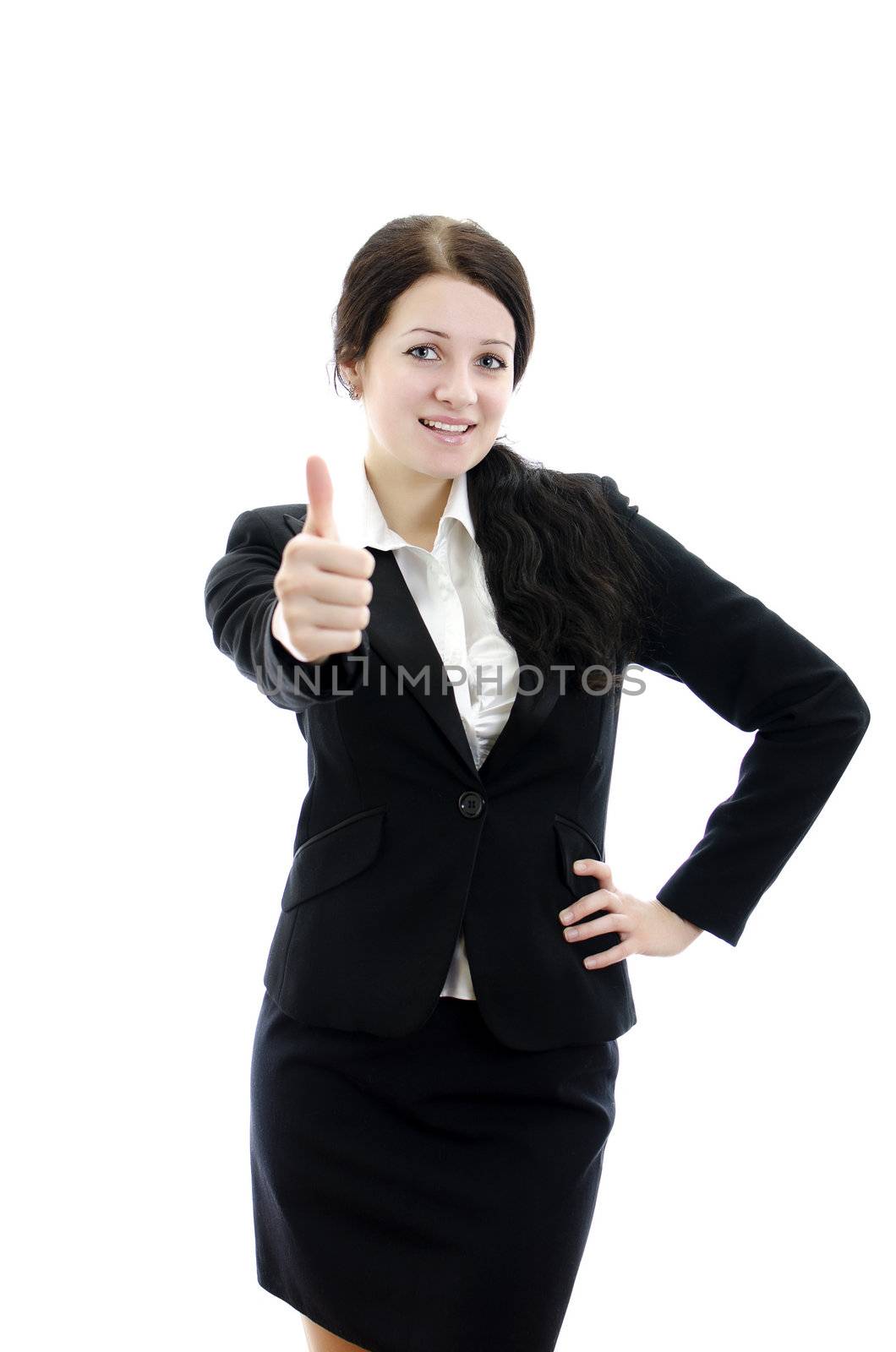 Portrait of a young attractive business woman with thumbs up gesture. Isolated on white.