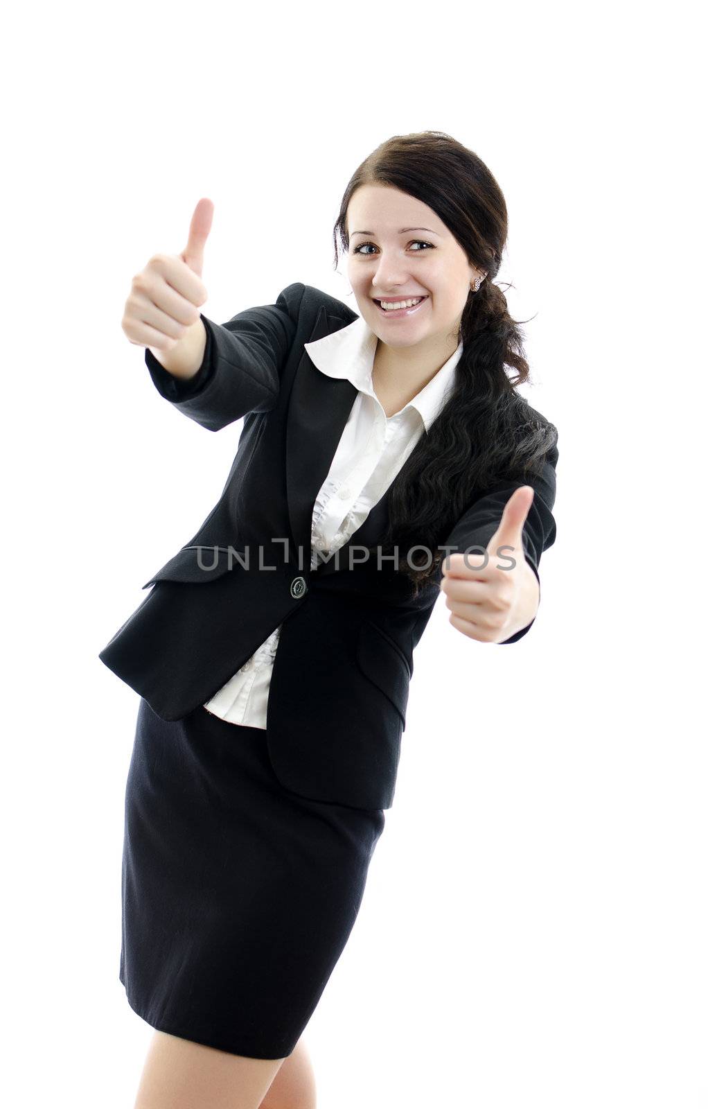 Portrait of a young attractive business woman with thumbs up gesture. Isolated on white.