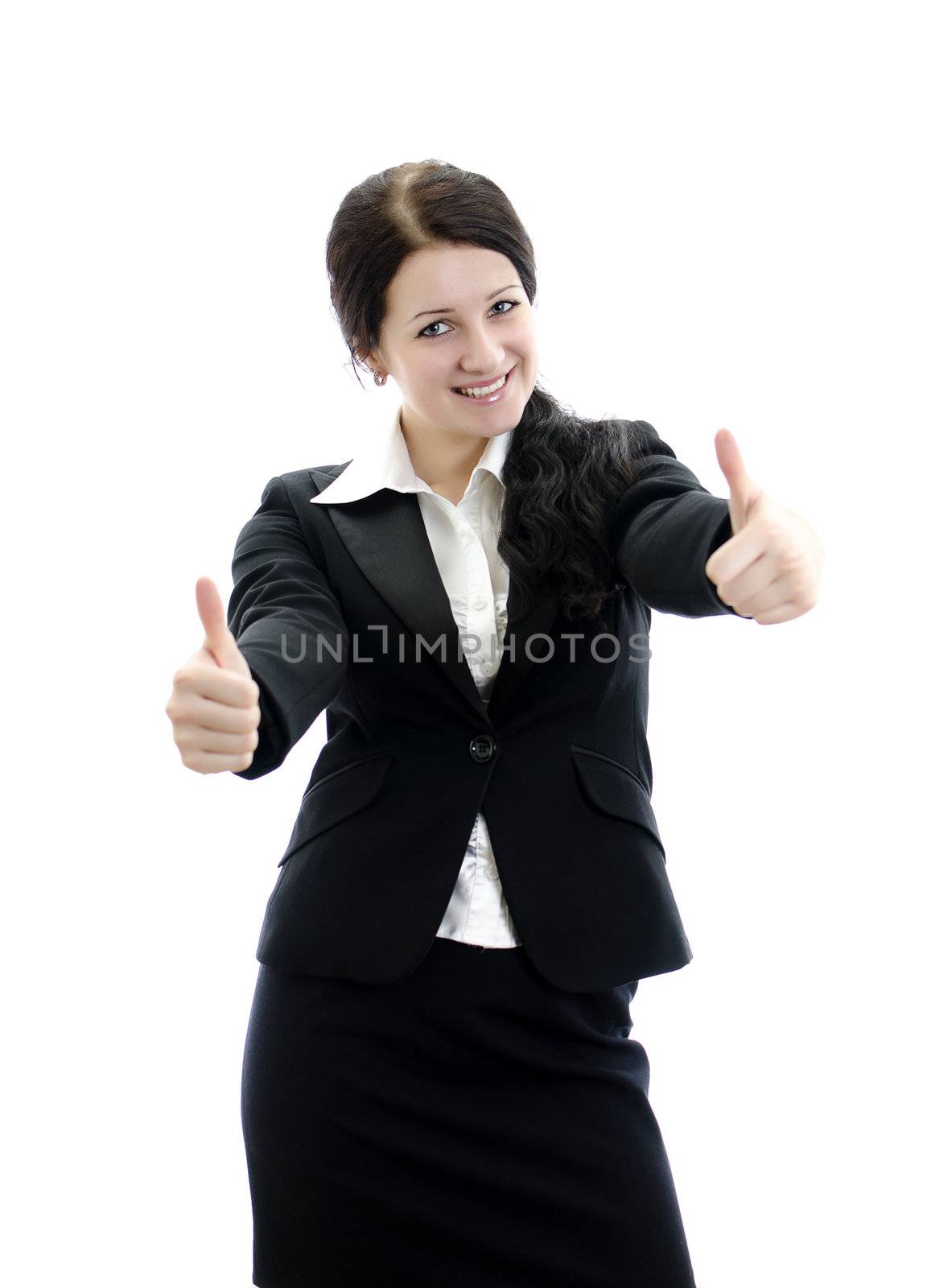 Portrait of a young attractive business woman with thumbs up gesture. Isolated on white.