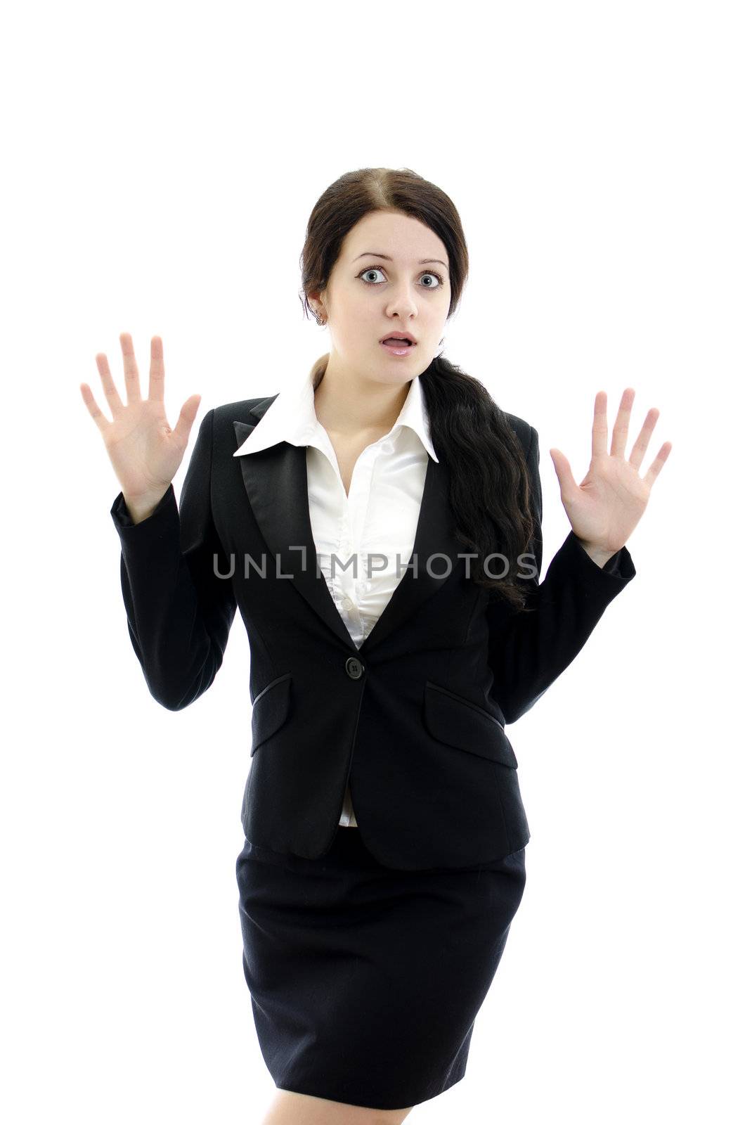 Expressive business woman. Isolated on white background.