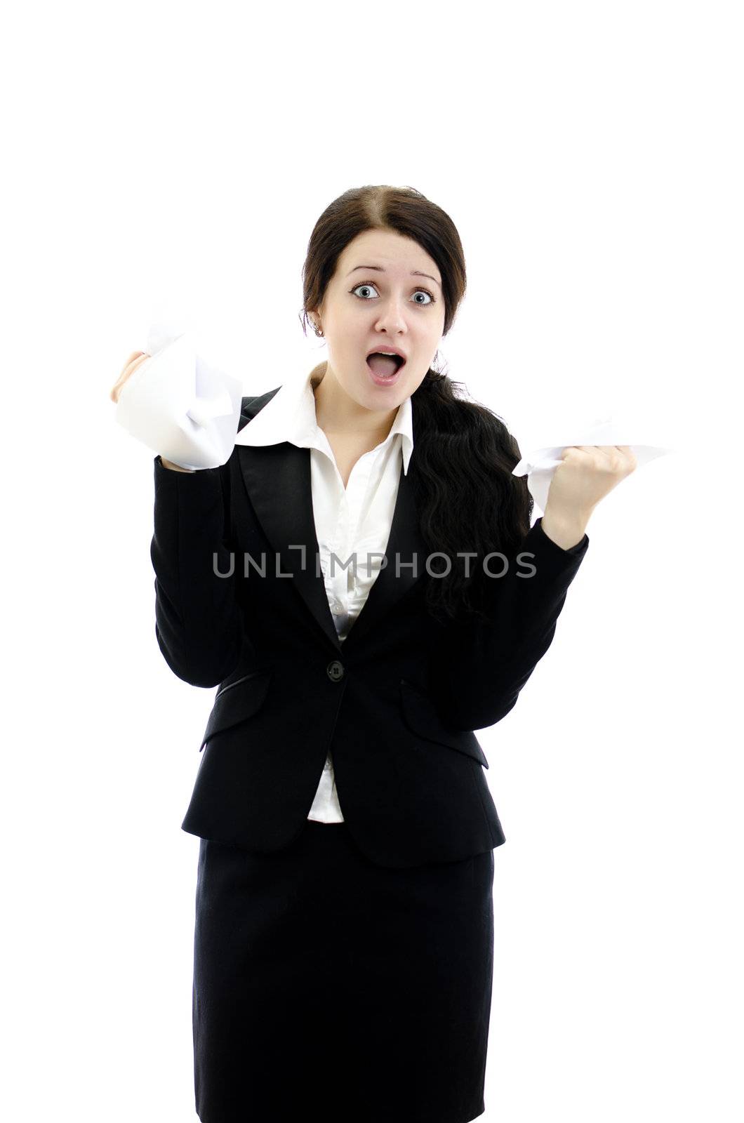 Expressive business woman with paper in hands. Isolated on white background.