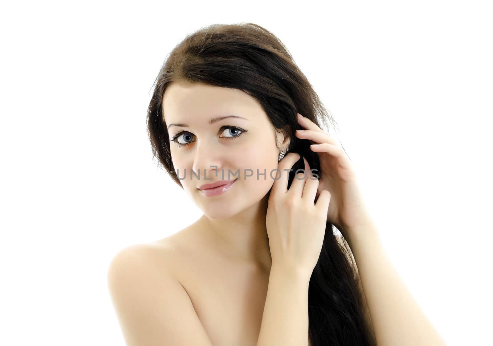 Close-up portrait of beautiful woman. Isolated on white.