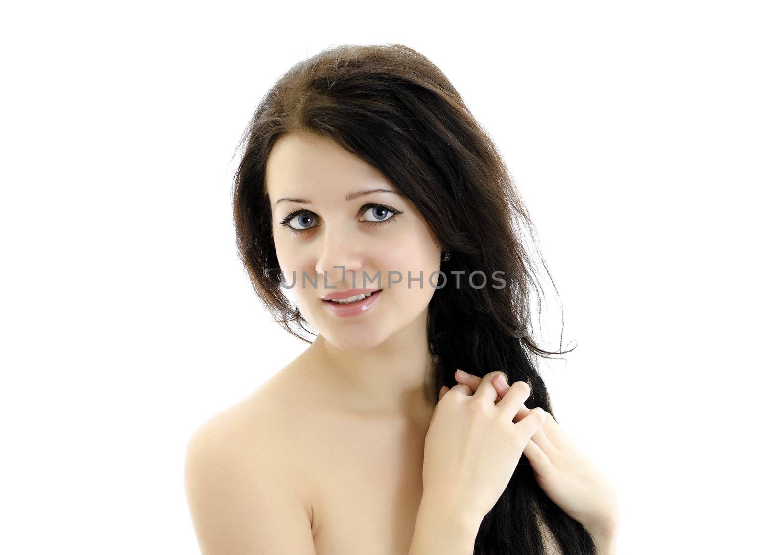 Close-up portrait of beautiful woman. Isolated on white.