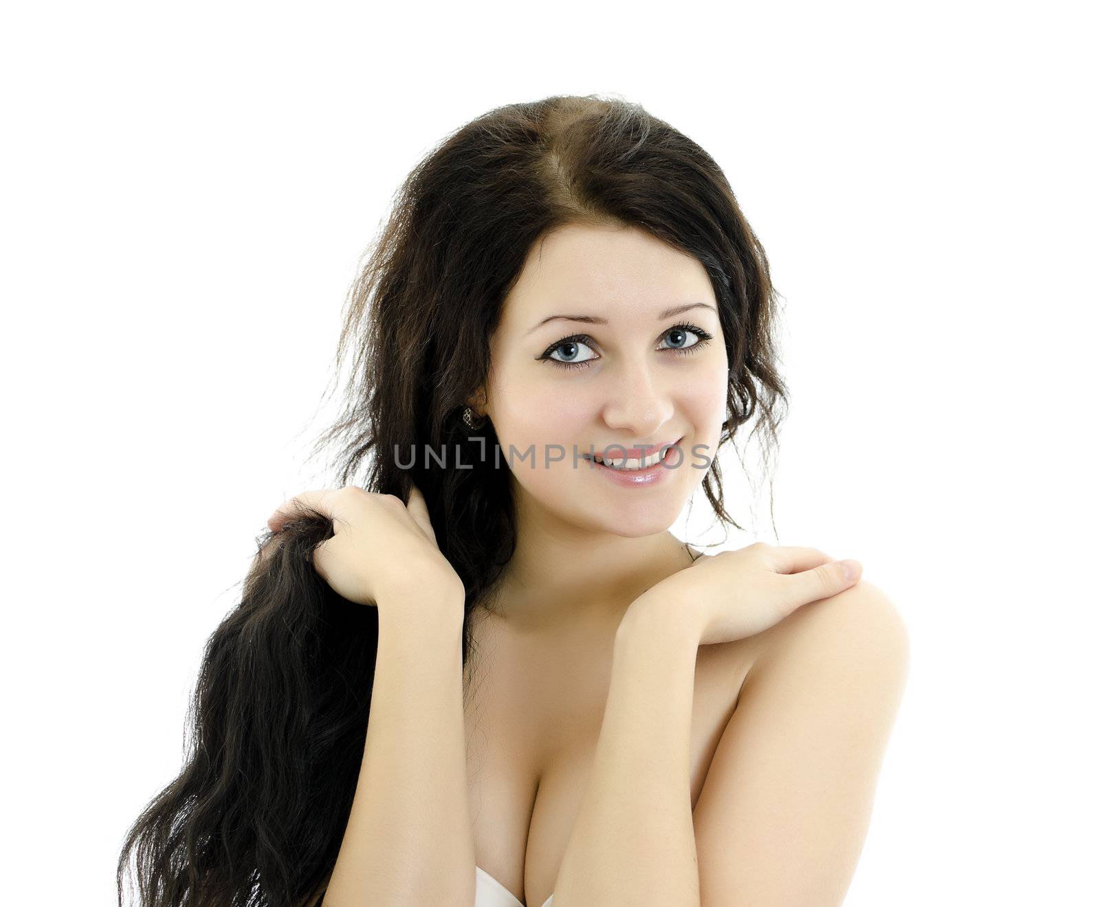 Close-up portrait of beautiful woman. Isolated on white.