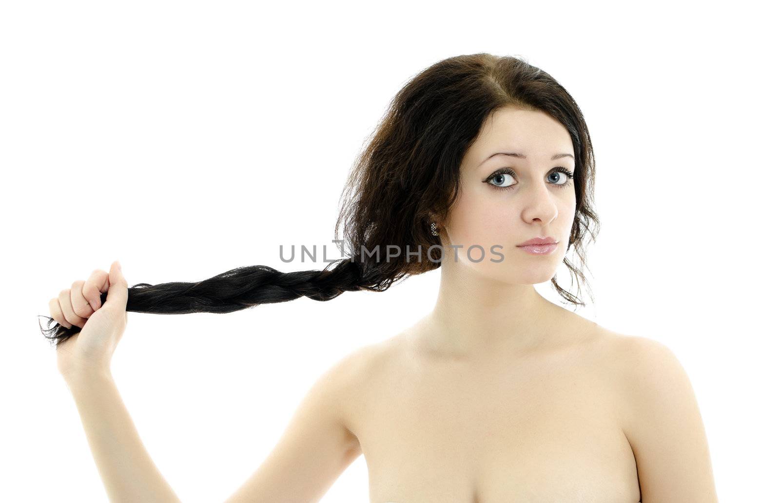Close-up portrait of beautiful woman. Isolated on white.