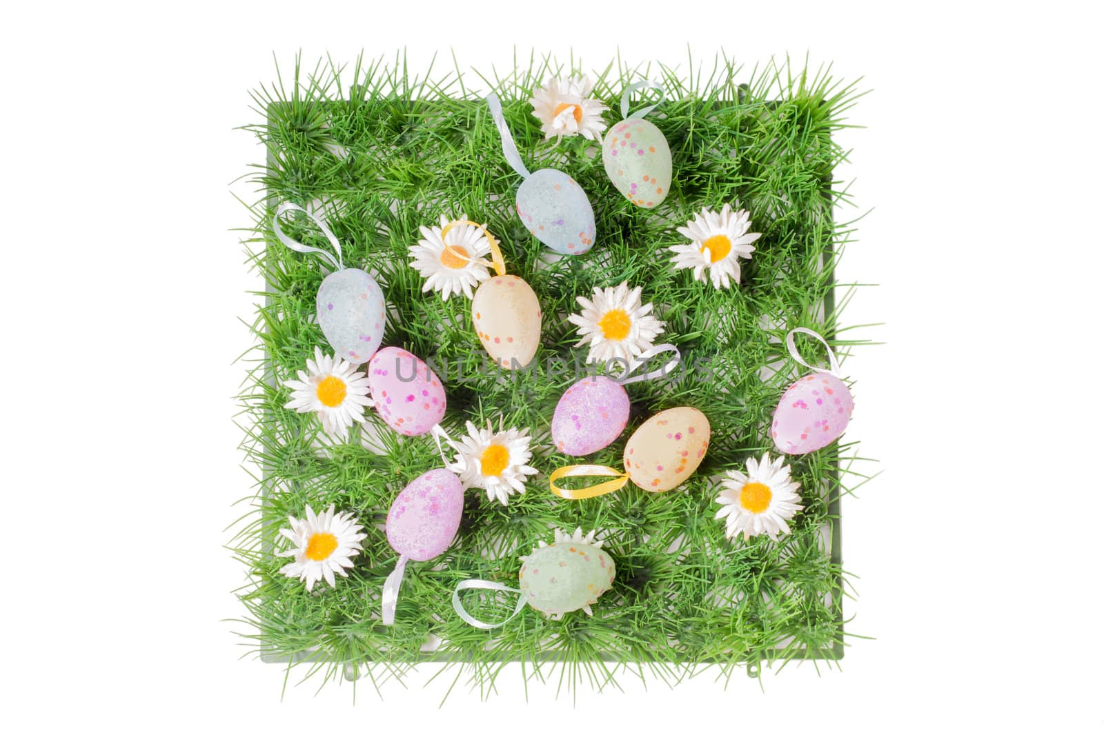 Easter eggs on the grass isolated on white