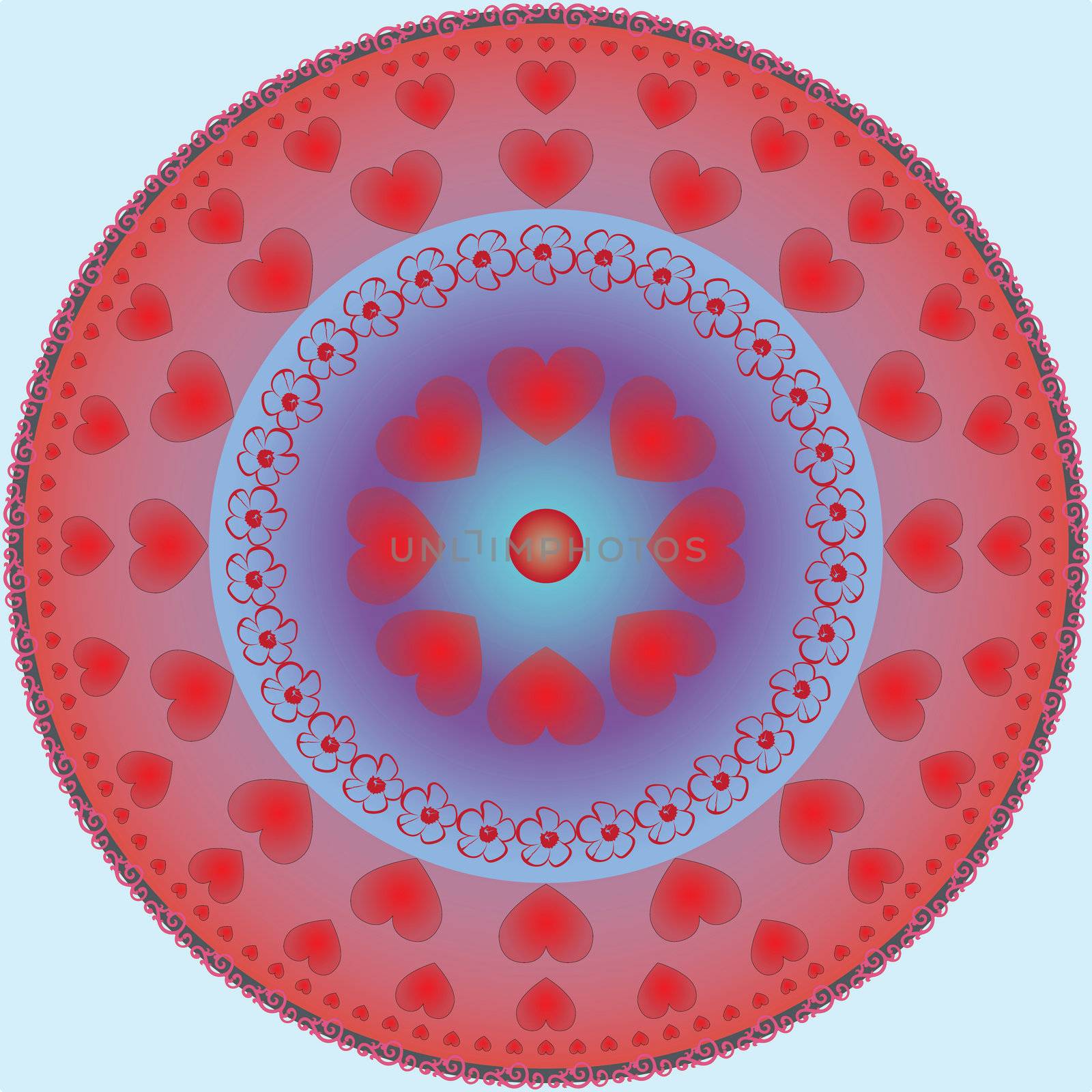 round ornament of hearts and flowers in pink and blue tones