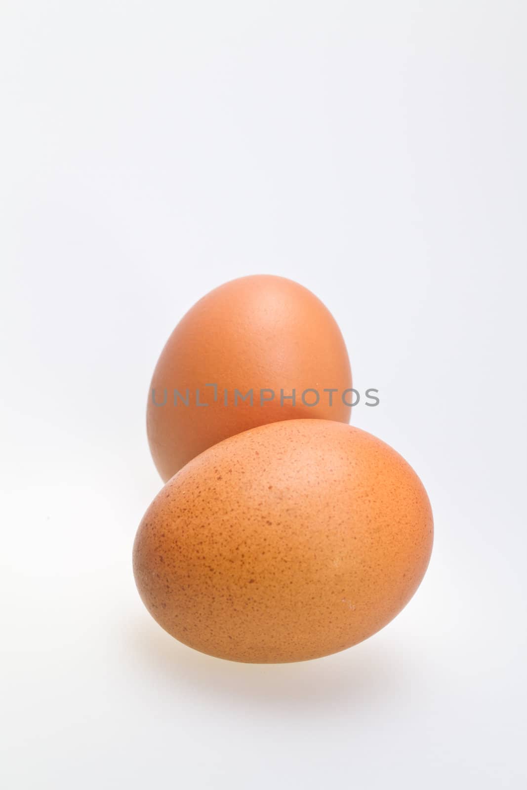 two whole brown eggs isolated on white background in portrait orientation