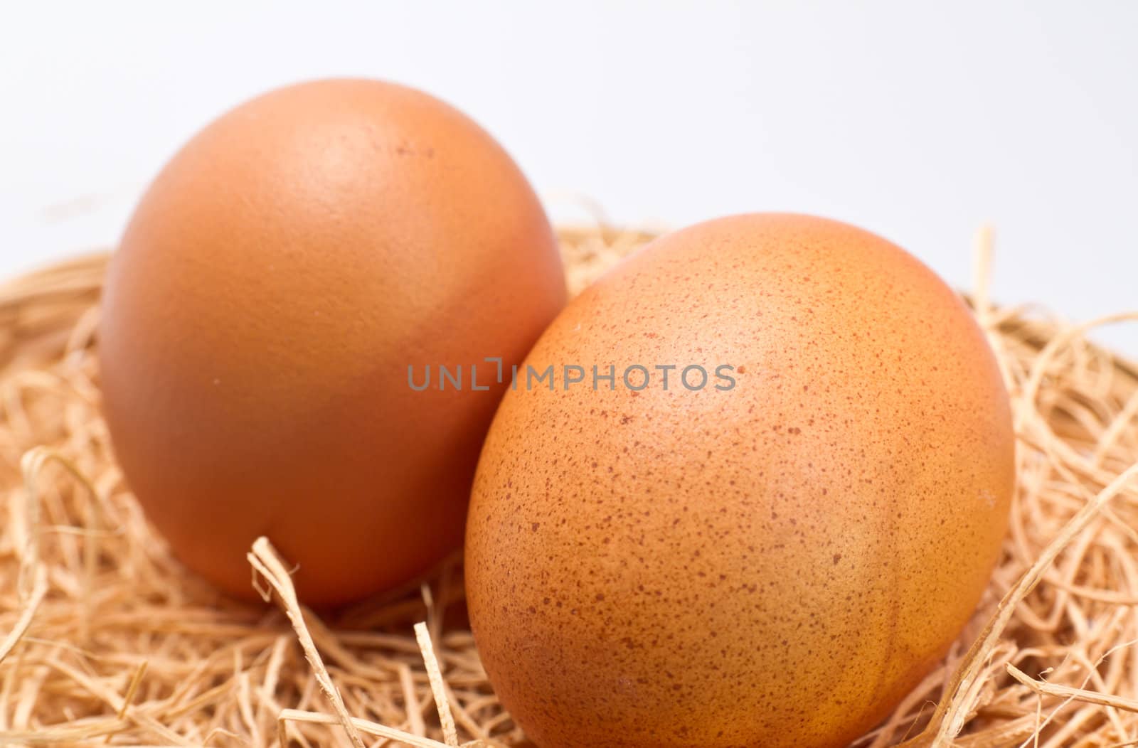 Close up view of two brown table eggs in metal basket with straw bedding