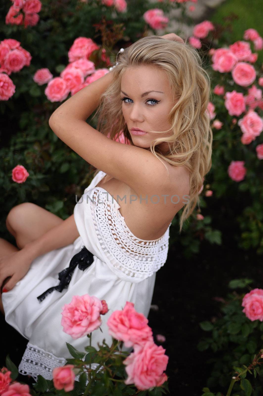 Overhead portrait of a beautiful blonde woman sitting in a bed of pink roses and looking up at the camera.