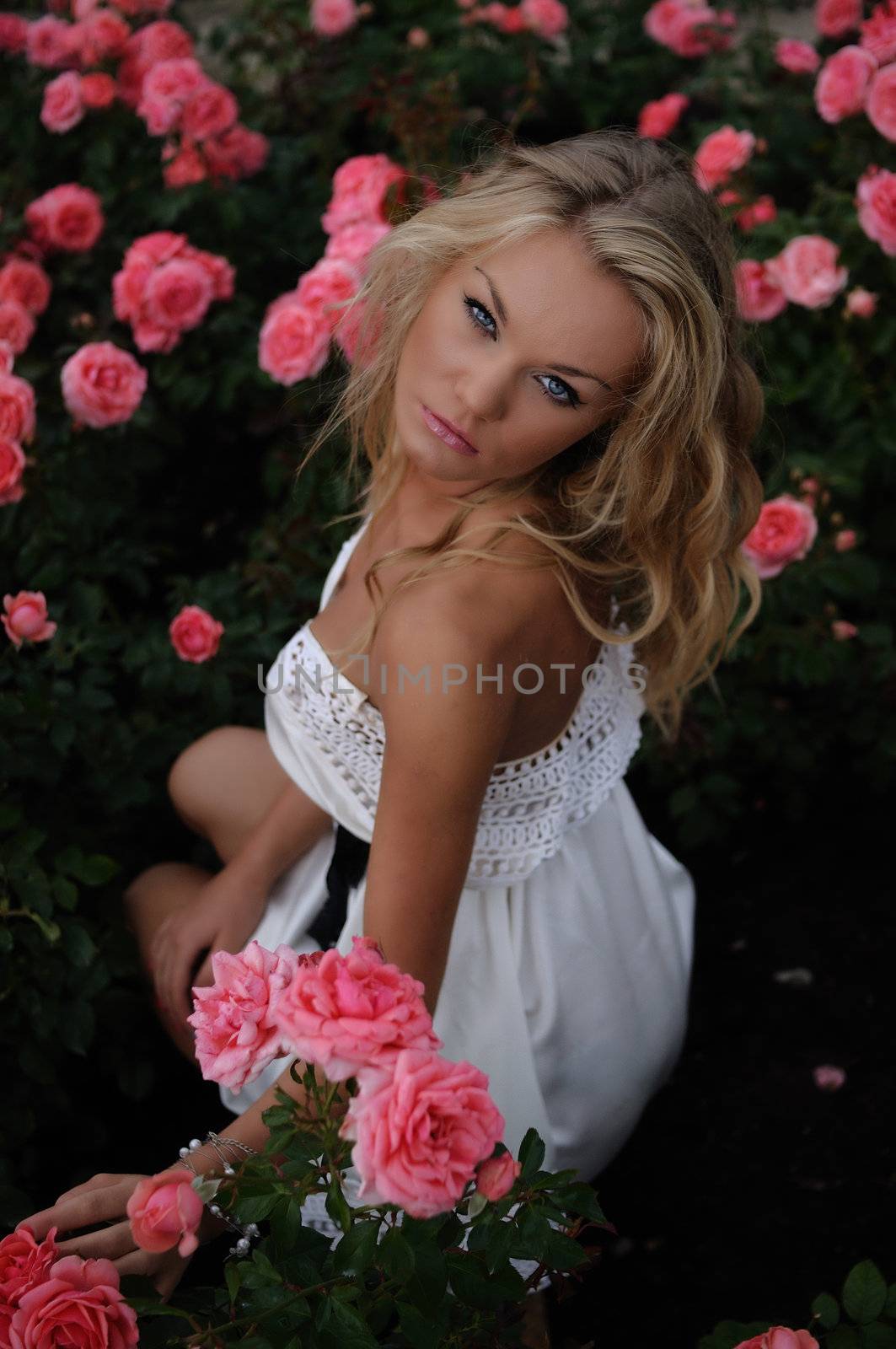 Smiing Blond In Pink Roses by peterveiler