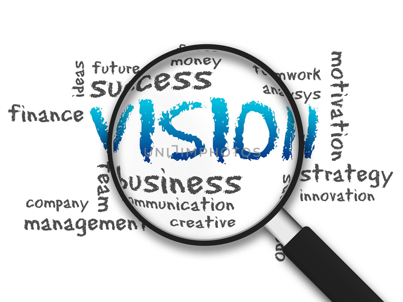 Magnified illustration with the word Vision on white background.