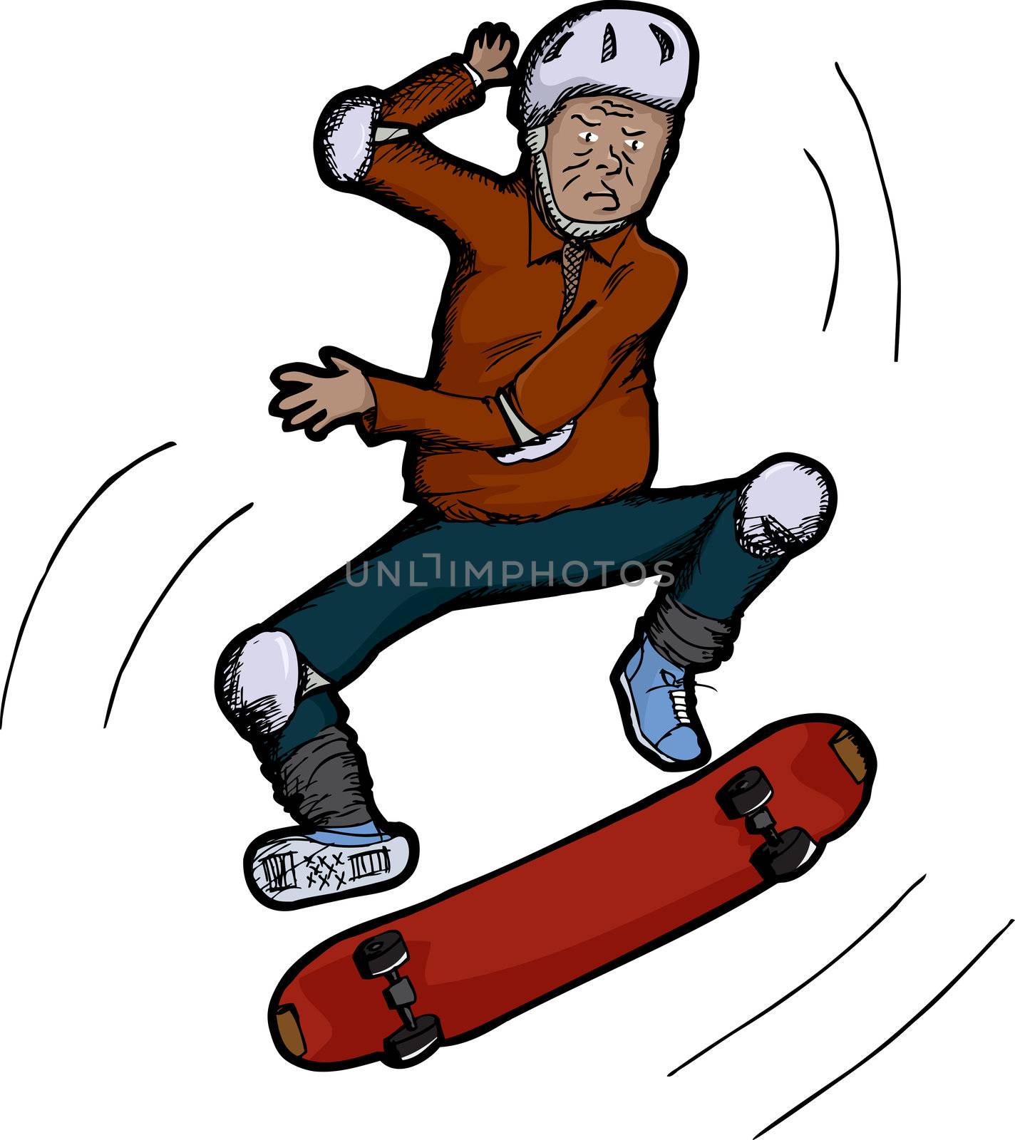 Latino senior citizen does skateboarding stunts