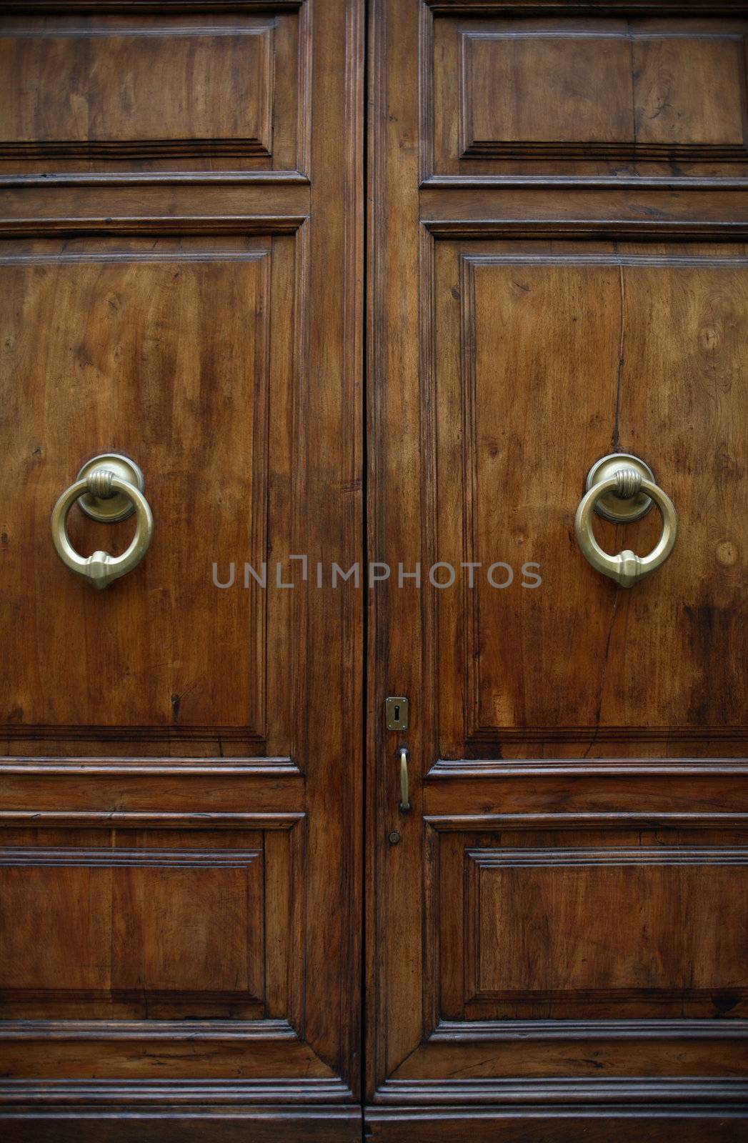 Closeup of nice ancient wooden door with brass handles