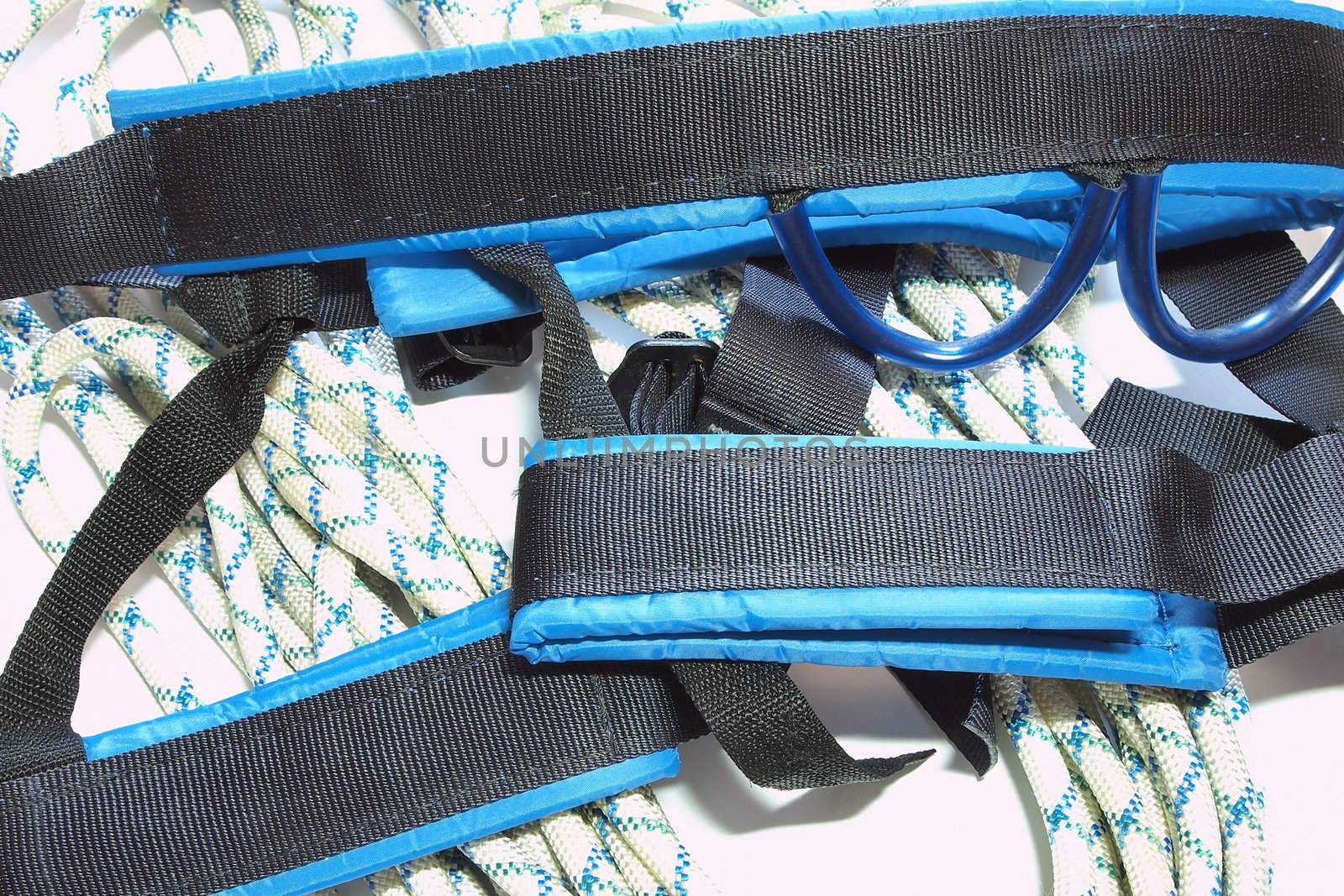 of climbing equipment, rope and belay belts.