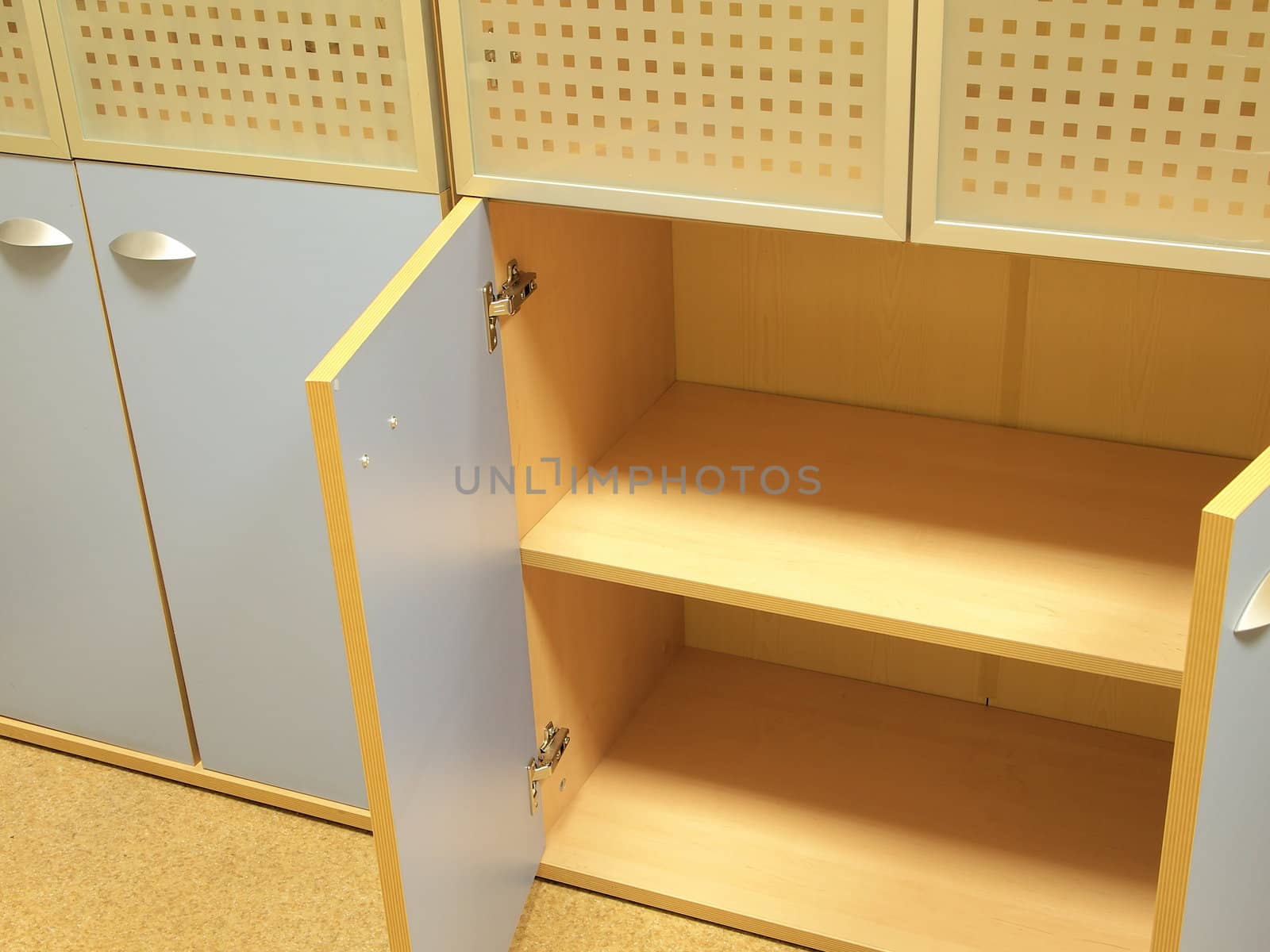 Photography furniture, wooden shelves, open the door.