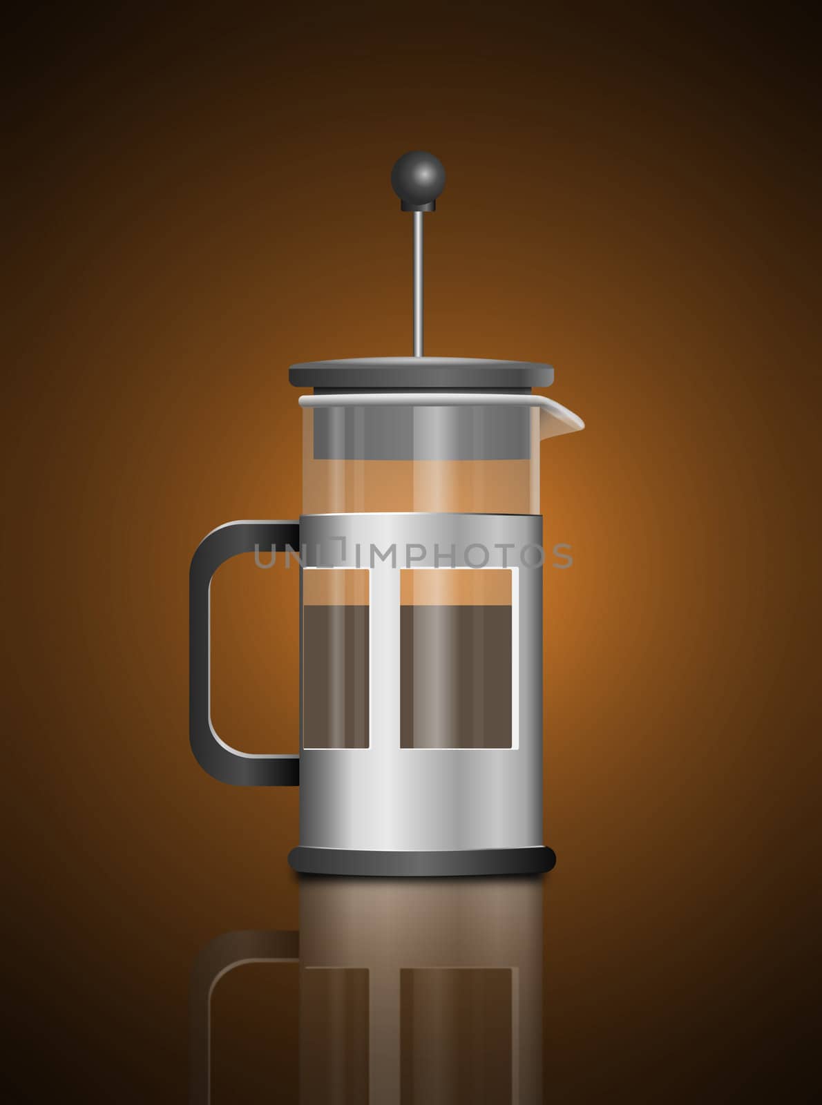 Illustration depicting a single chrome and glass cafetiere arranged over warm brown light effect.