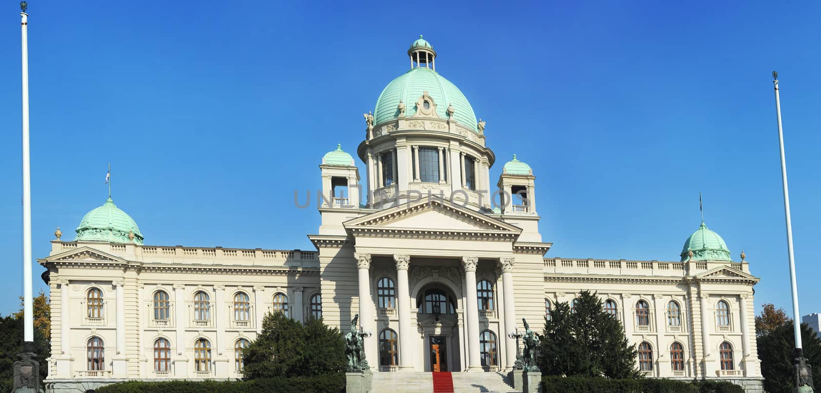 Serbian parliament in Belgrade.Construction on the building started in 1907 and it was completed in 1936.Serbian Parliament with new facade renovated in summer 2011.