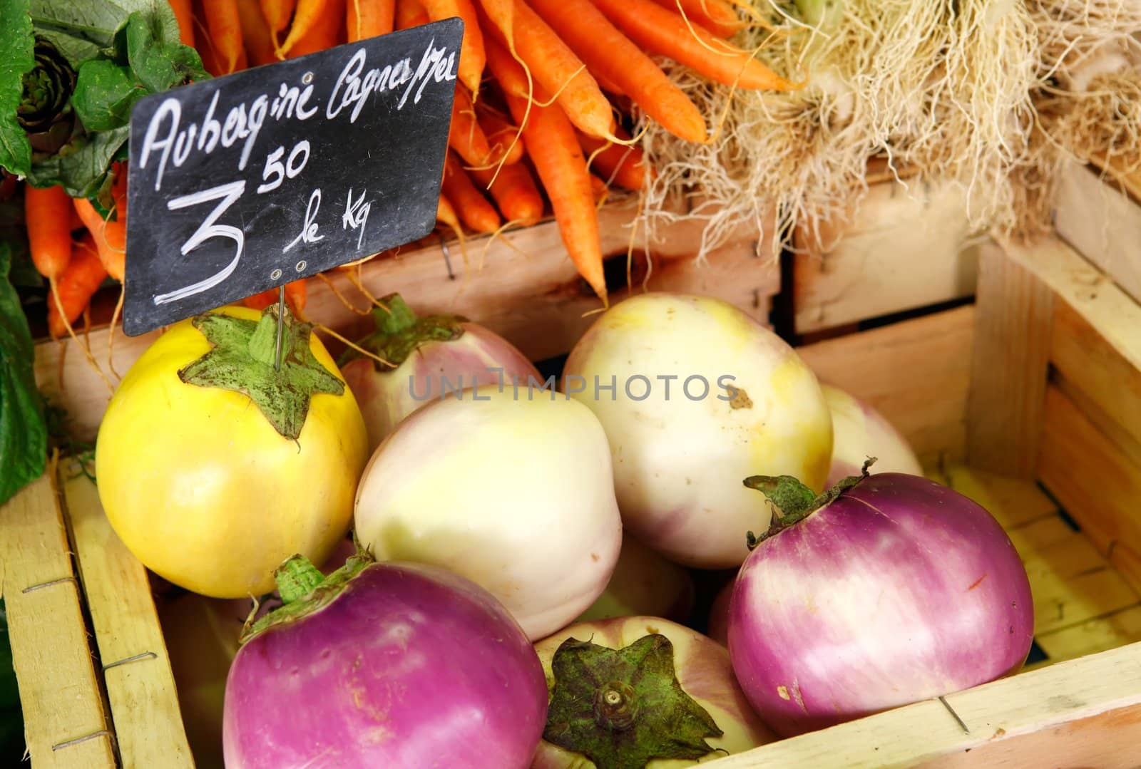 Eggplant and carrots at the outdoor market in te box with price.