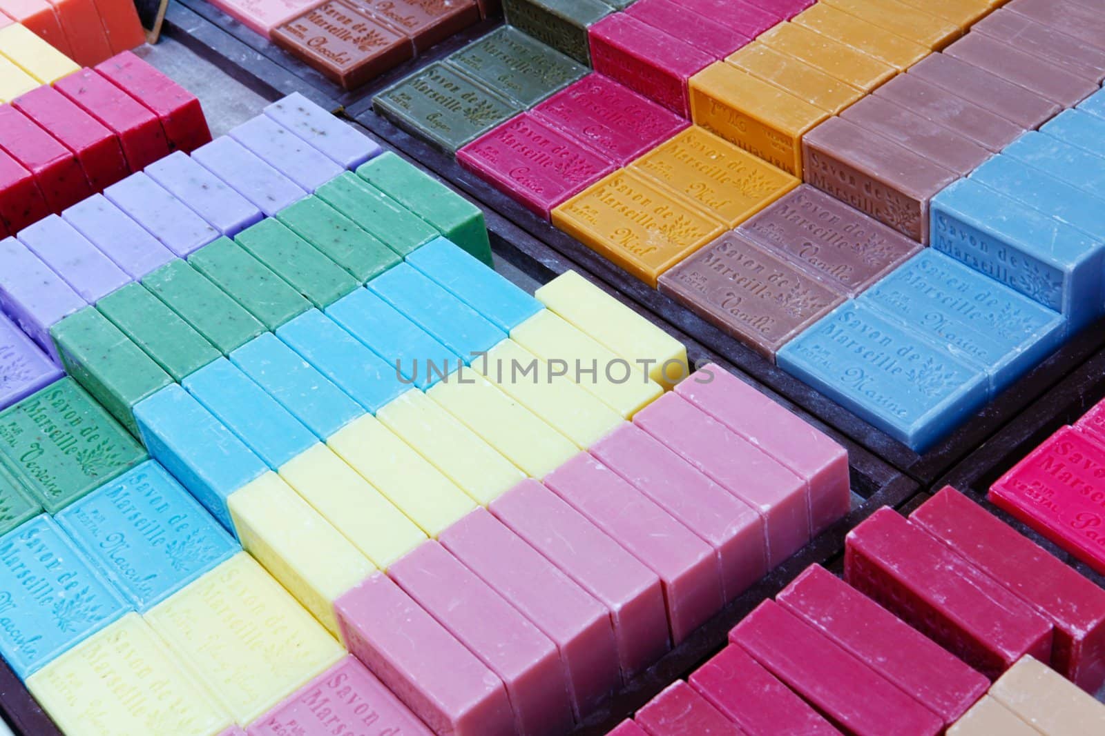 Bright colorful square soaps for sale at French Market.