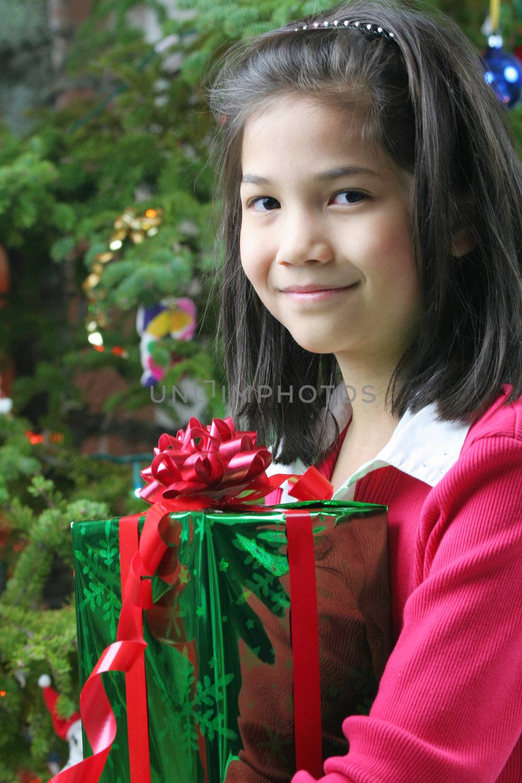 Happy little girl holding her Christmas presents by the Christmas tree. Part Asian, Scandinavian heritage.