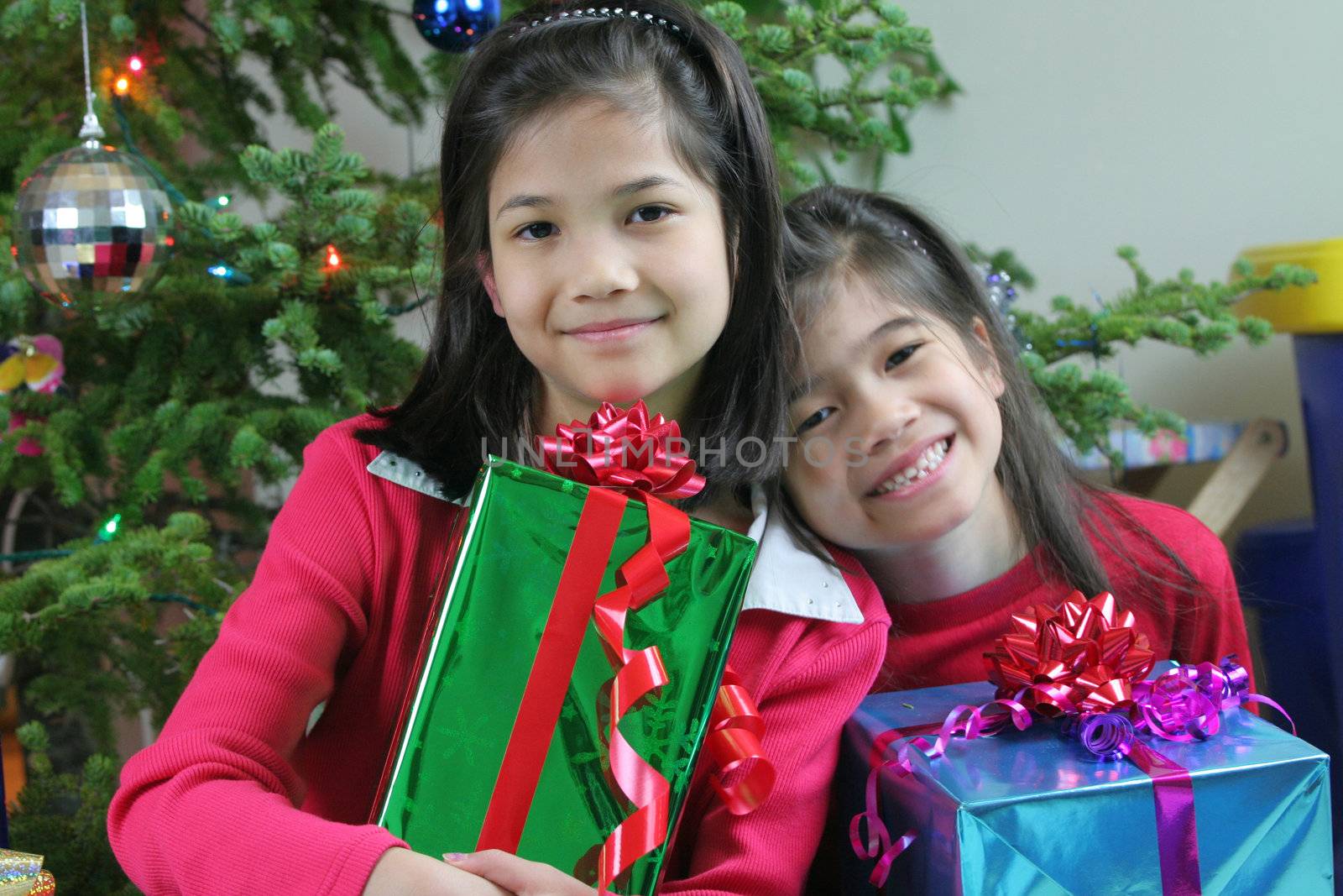 Happy little girls holding their Christmas presents by the Christmas tree. Part Asian, Scandinavian heritage.