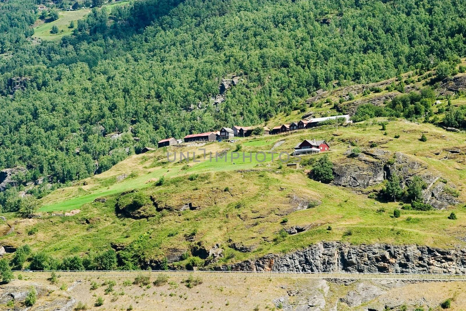 A mountain farm on the side of Aurlandsfjord, Sognefjord, in western Norway.