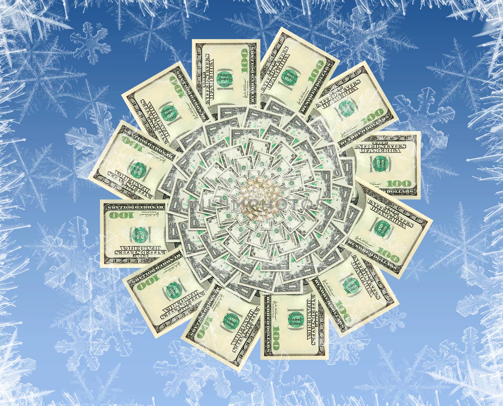 Composite of a flower made of dollar banknotes on a cold winter background.
