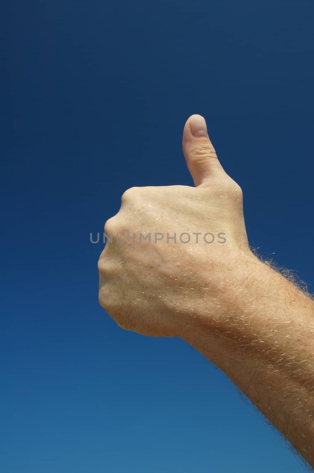 Giving the thumb's up sign against a warm blue sky