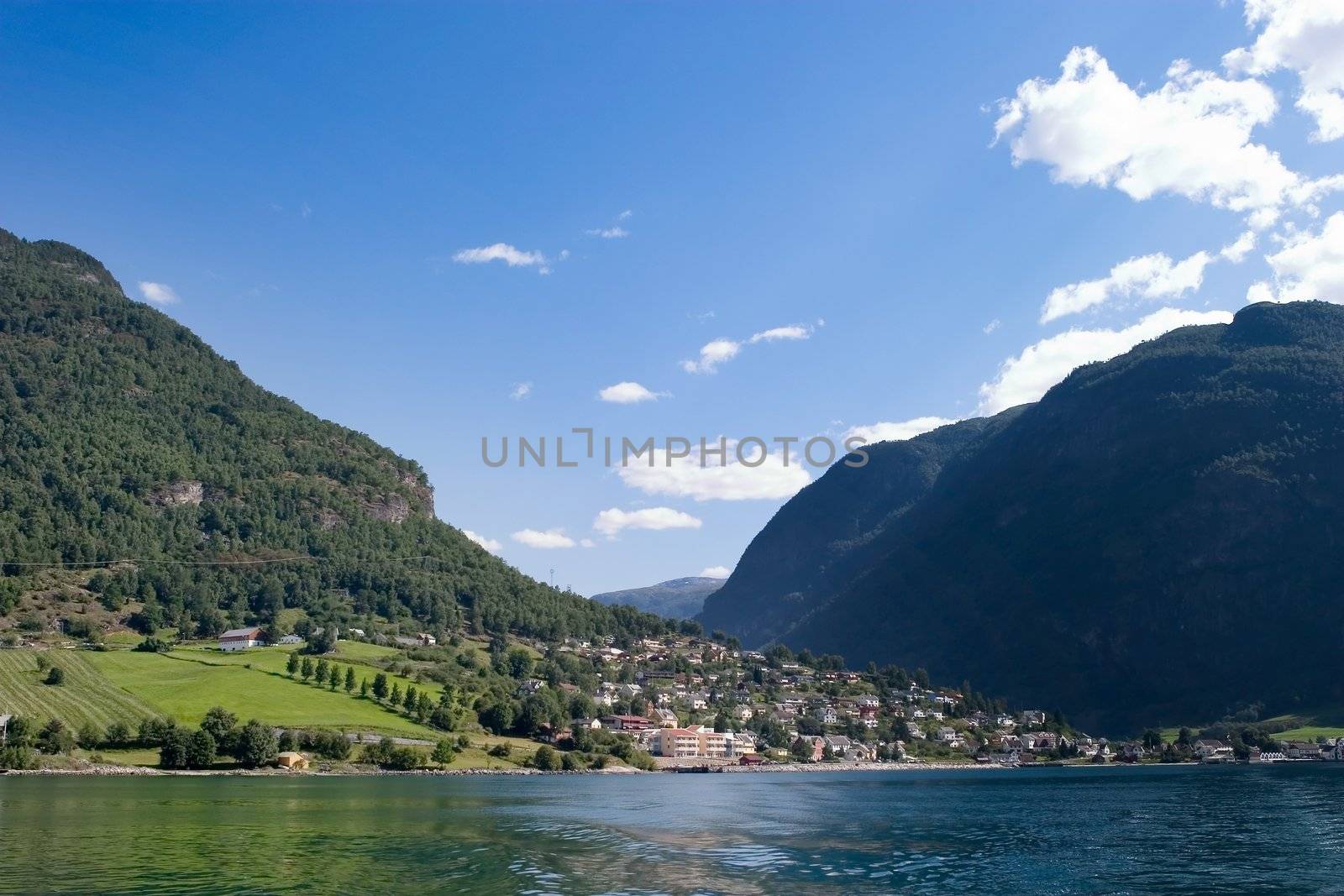 Fjord Scenic from the pass between Aurlandsfjord and naeroyfjord (nryfjord), in Sognefjord, Norway