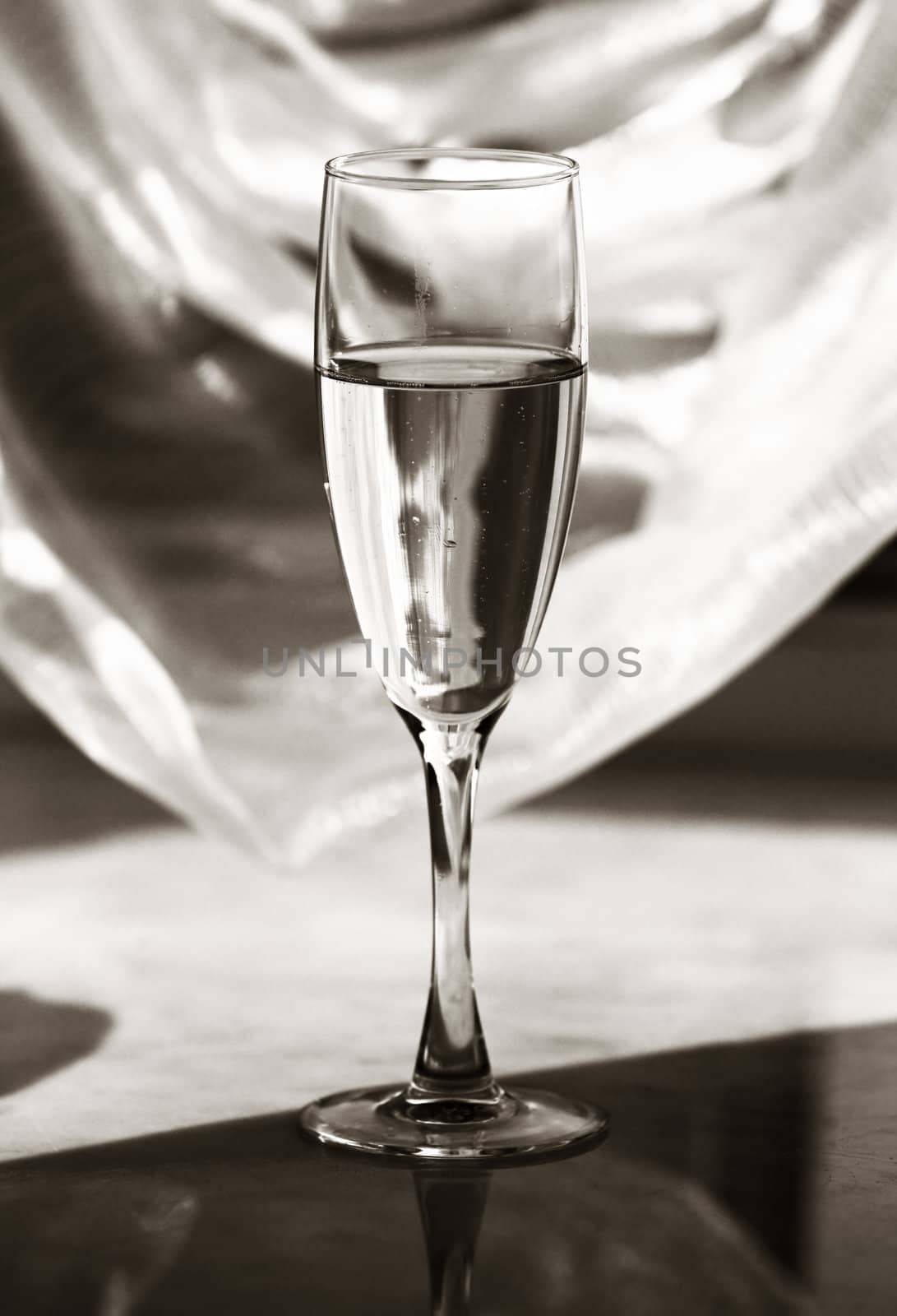 Glass with champagne. b/w+sepia