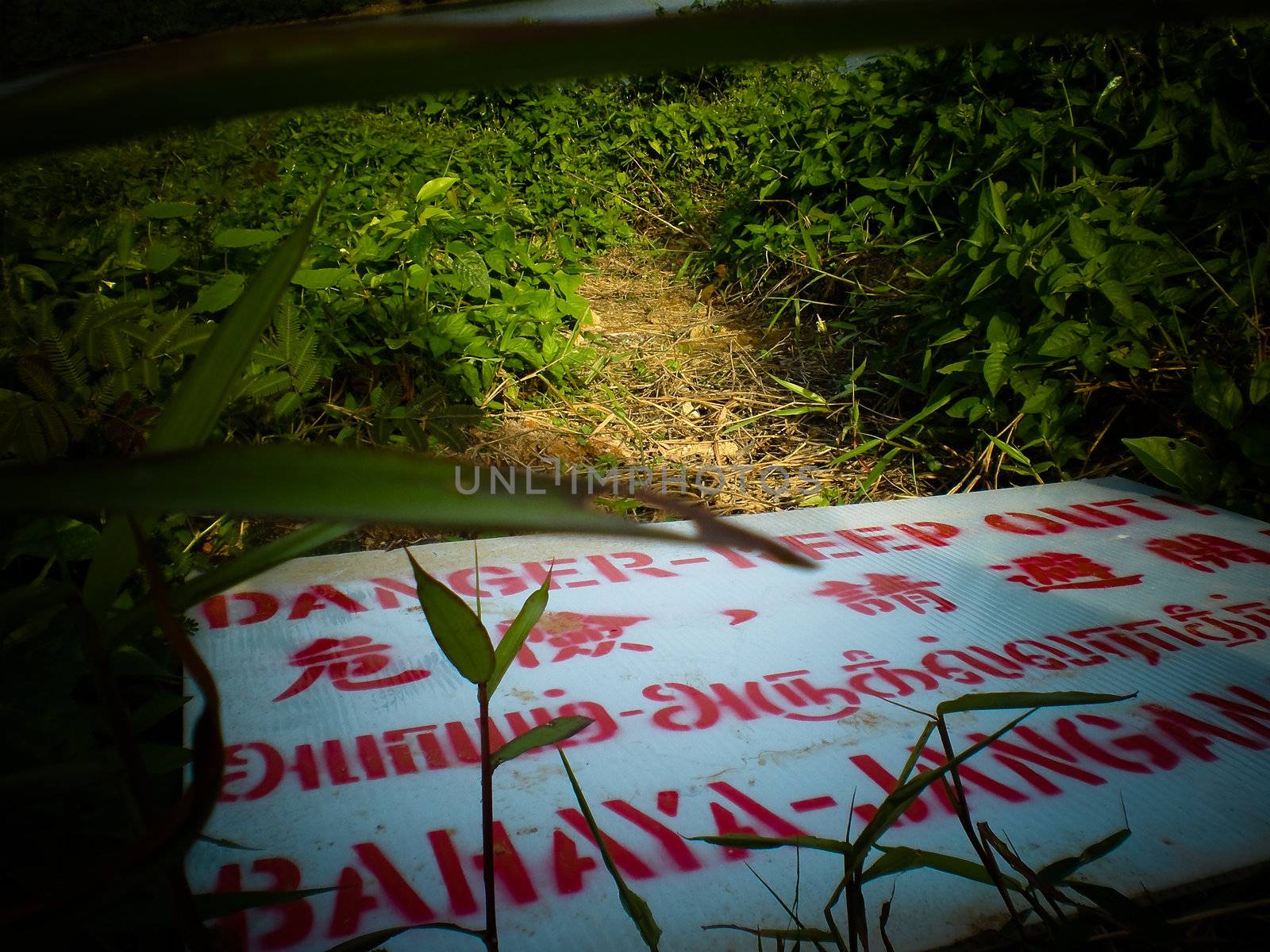 Danger sign in four different languages. English, tamil, malay and mandarin