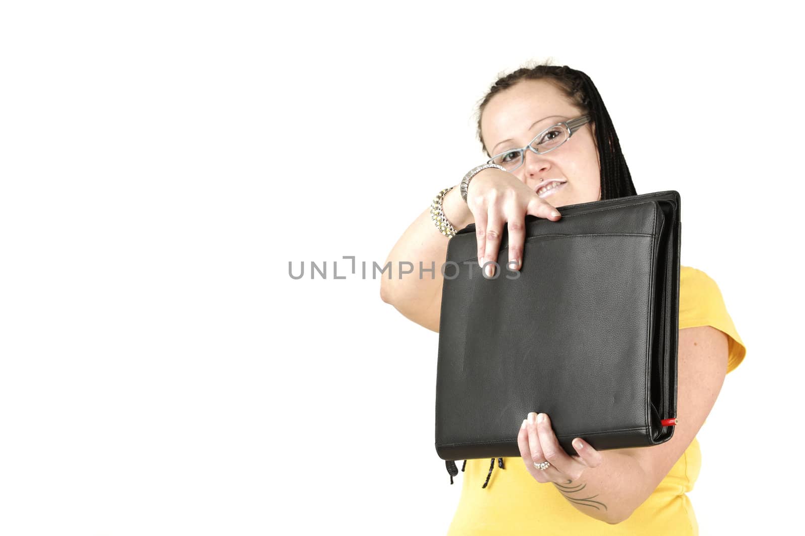 Businesswoman offers black bag