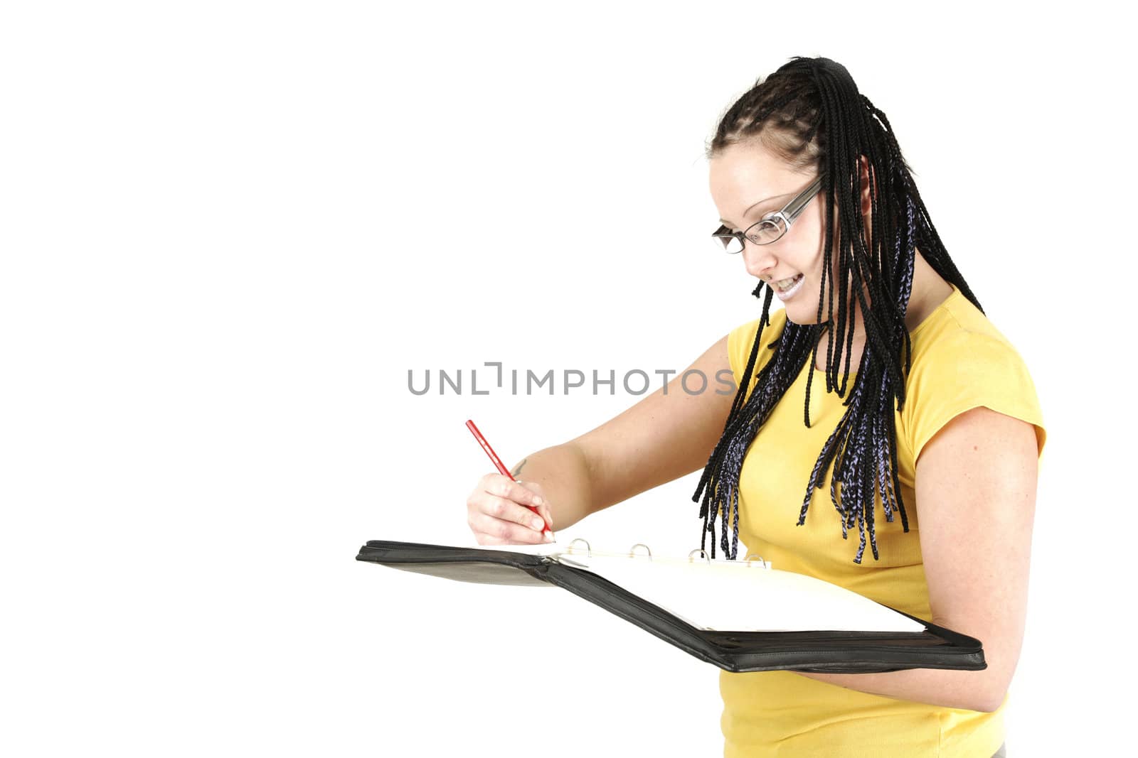Secretary with braids is processing timetable