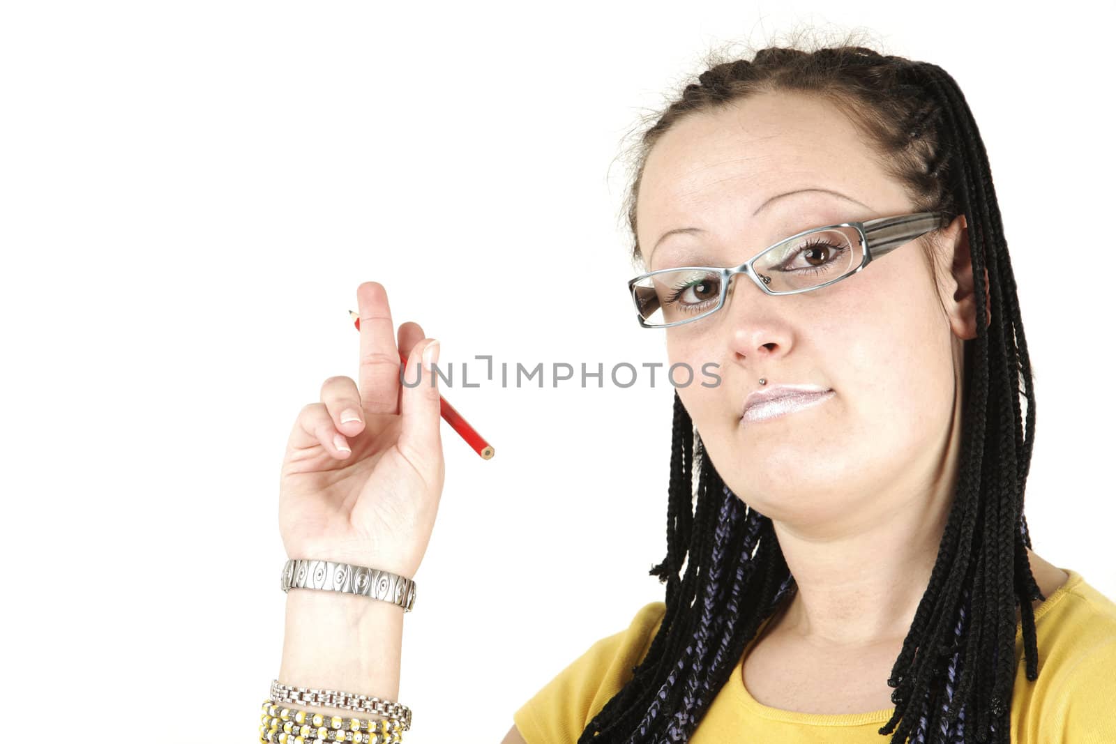 Young businesswoman shows on white background