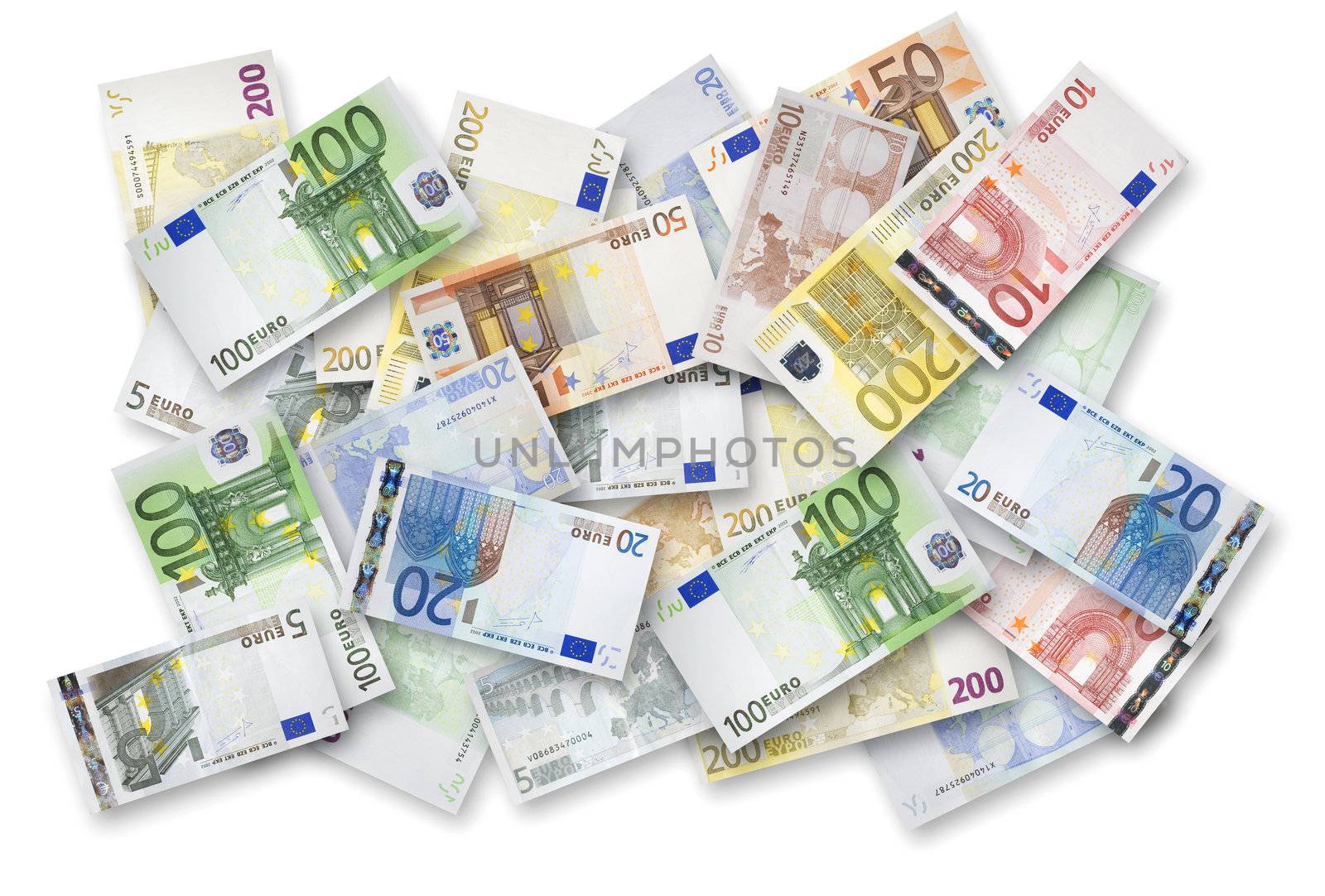 Euro banknotes of 200, 100, 50, 20, 10 and 5 Euroes spread randomly on a table.