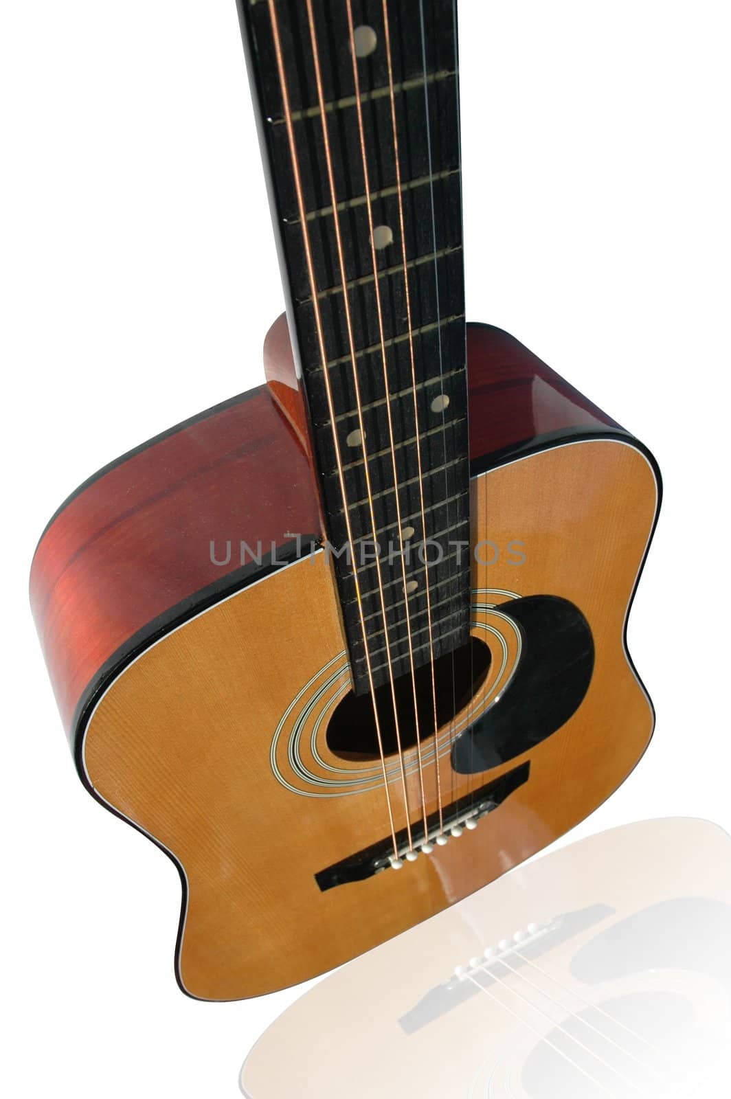 Guitar view from top on white background with clipping path