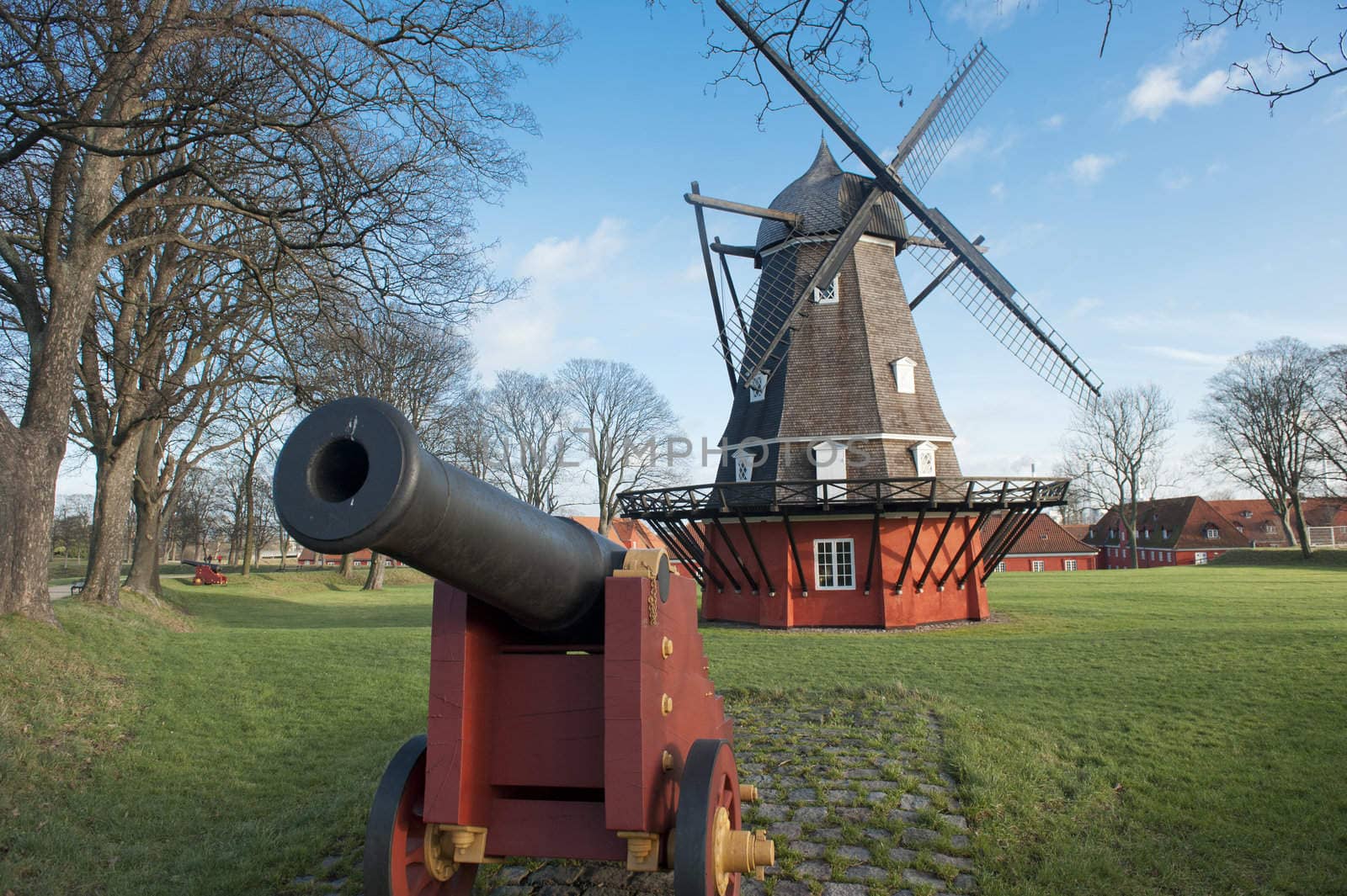 Windmill and old gun in Kastellet fortress in Copenhagen