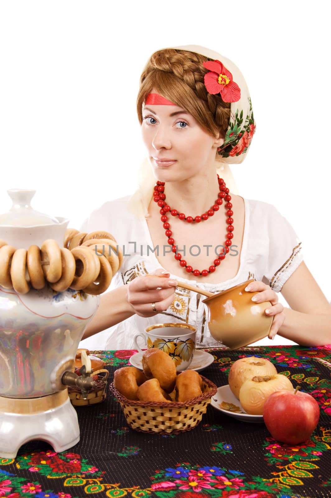 Russian woman drinking tea with samovar over white
