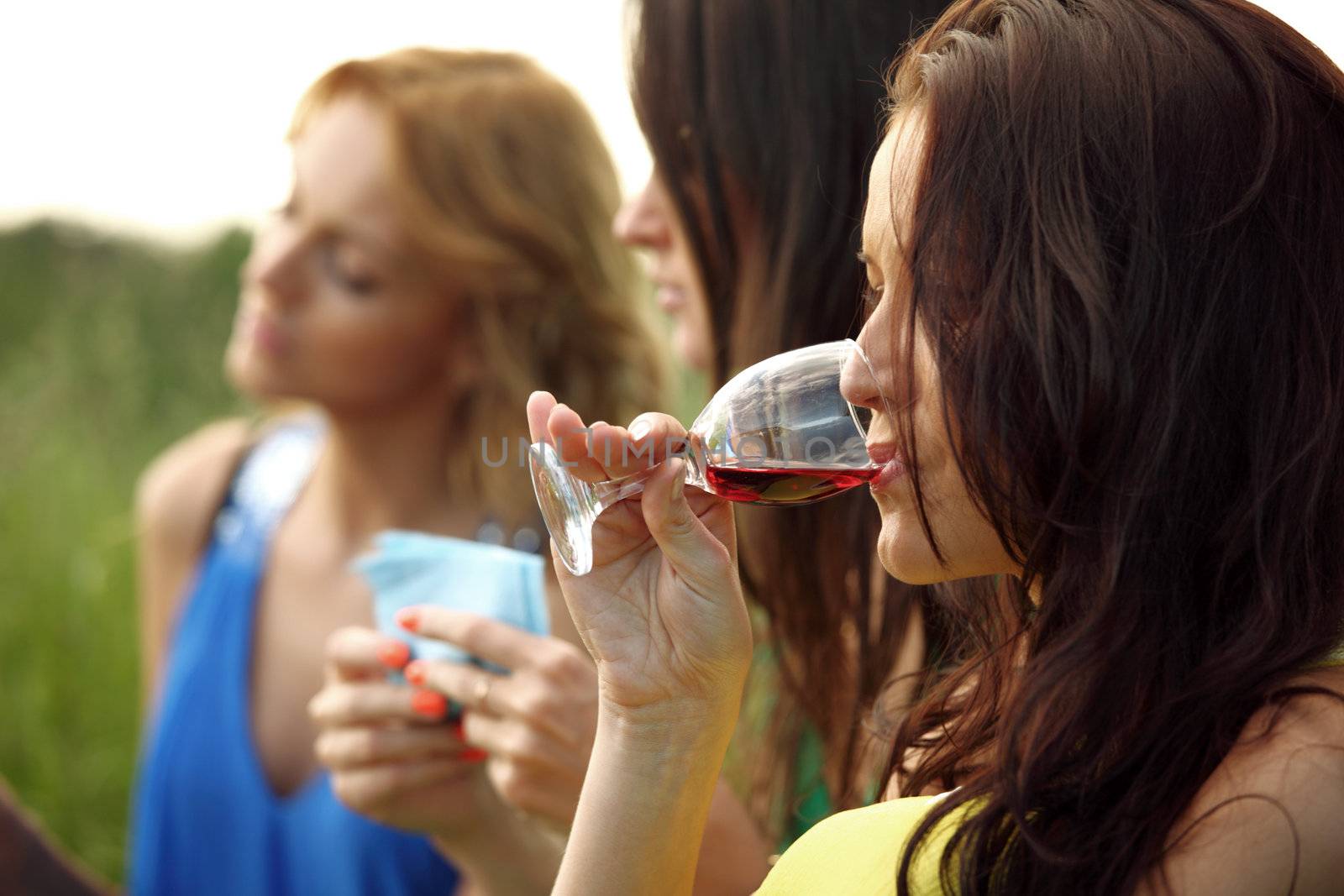 girls drink wine on nature background