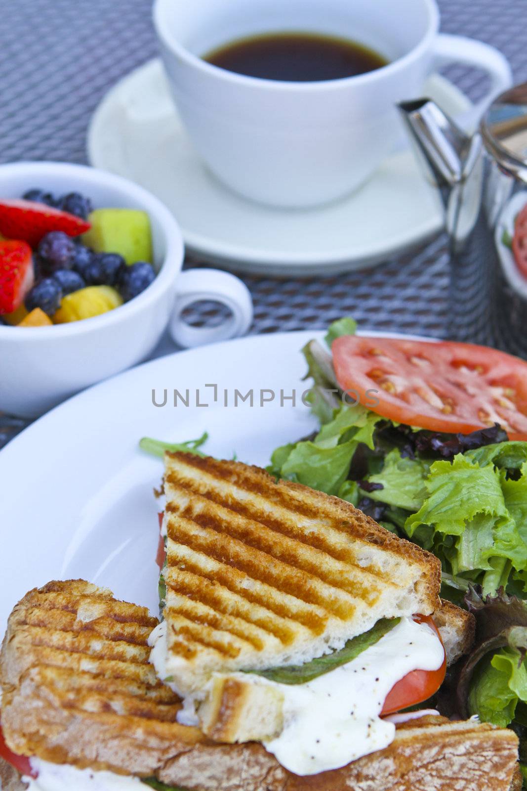 Panini breakfast with complimenting fruits and tea on white plates.