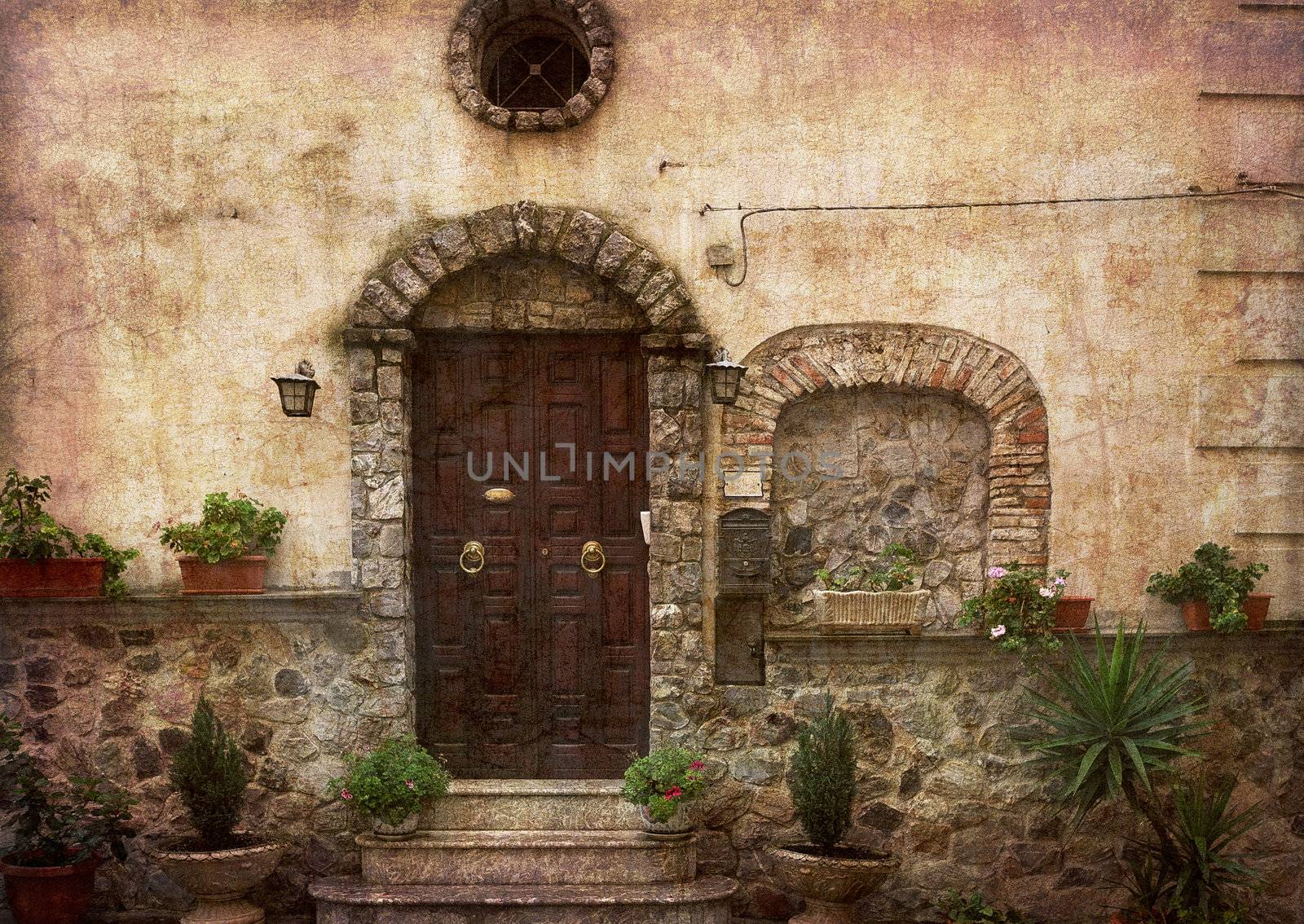 Beautiful village entrance - postcard from Italy. More of my images worked together to reflect age and time.