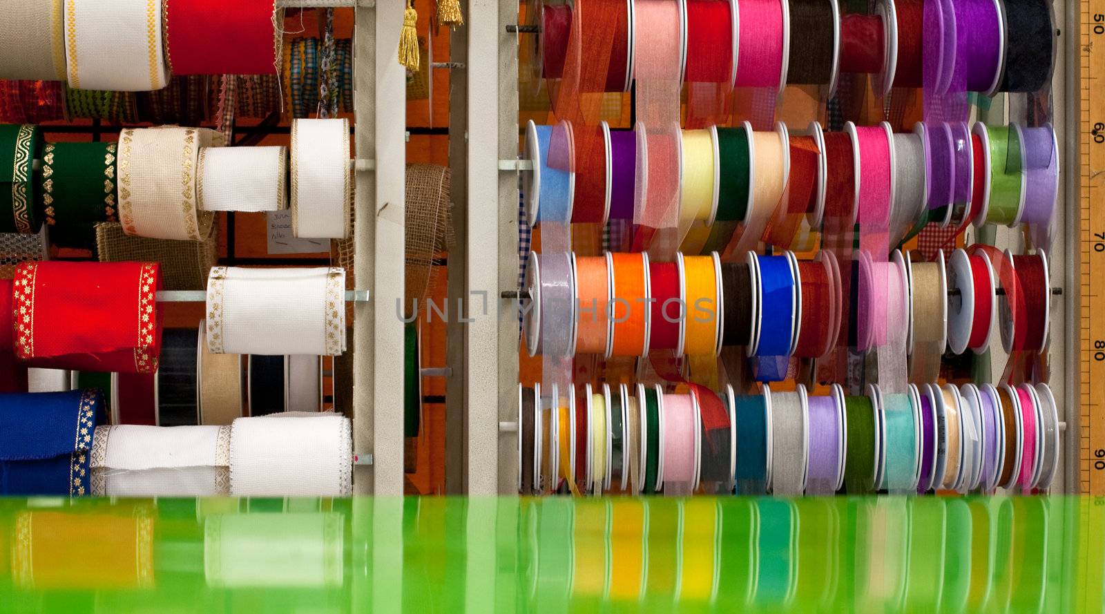 Various colorful ribbons in a fabric store