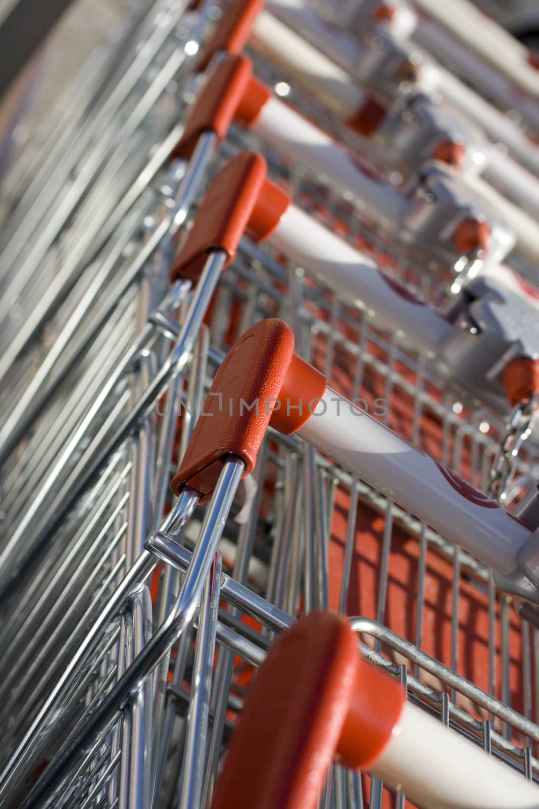 A series of shopping carts in a row