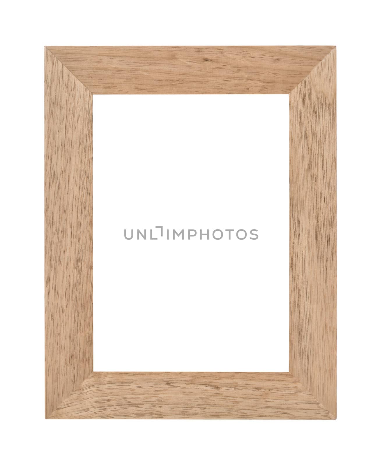 Empty rectangular wooden photo frame with woodgrain texture and blank white copyspace. Isolated on white.