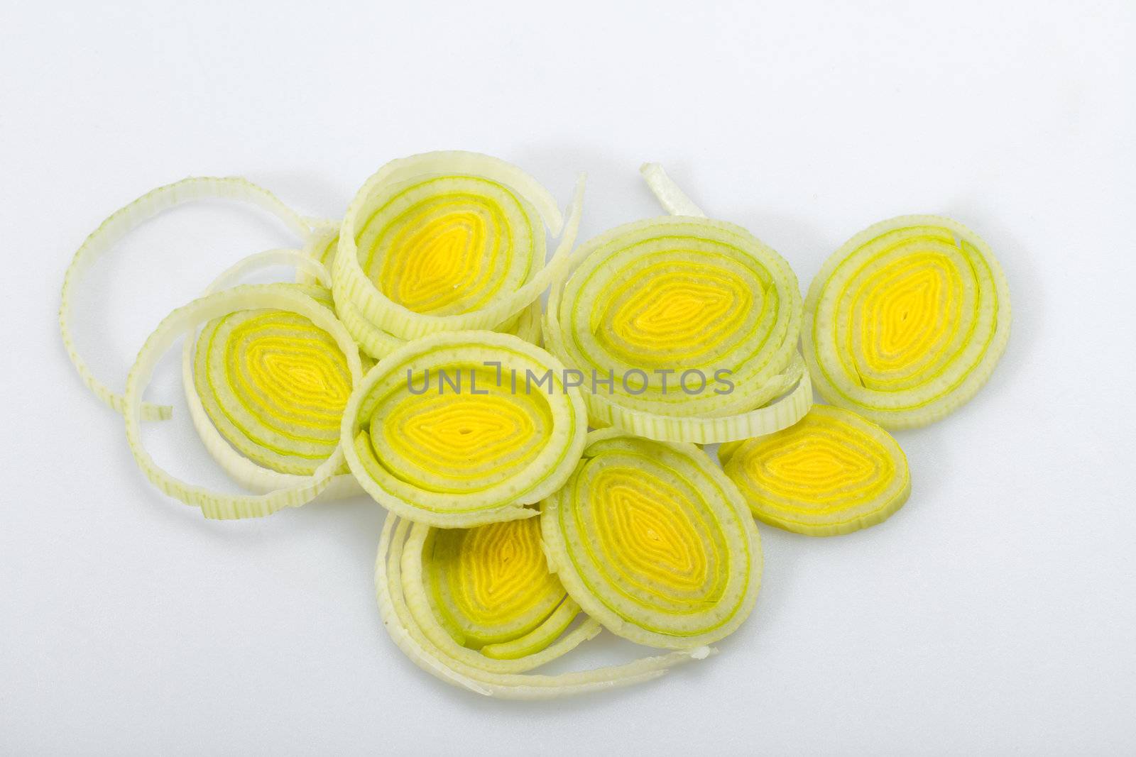 Sliced Leeks on white background 