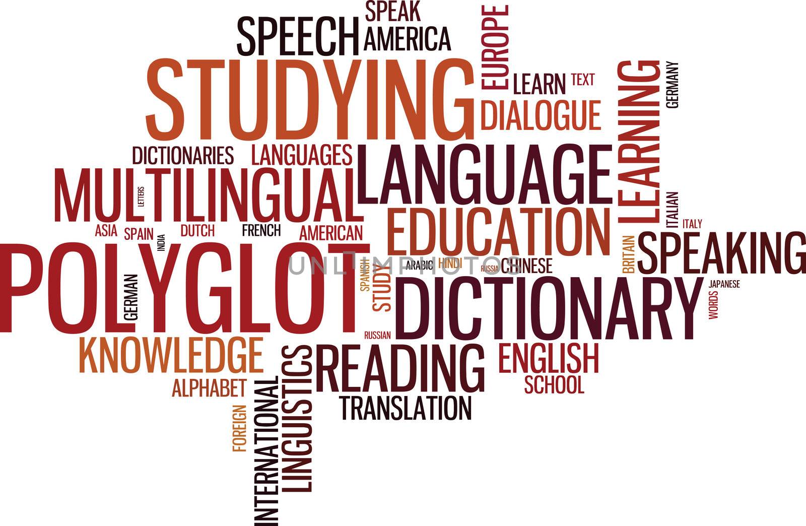Vector polyglot typographical wordcloud with mutiple words pertaining to language, study, dialogue and translation, in different sized fonts and different orientations