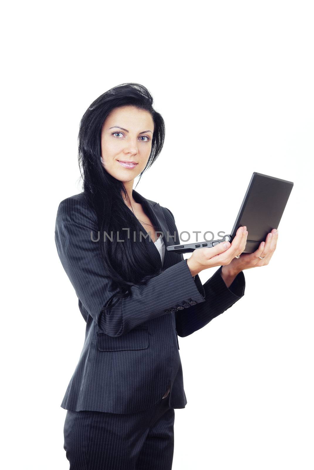 Pretty woman with laptop on a white background